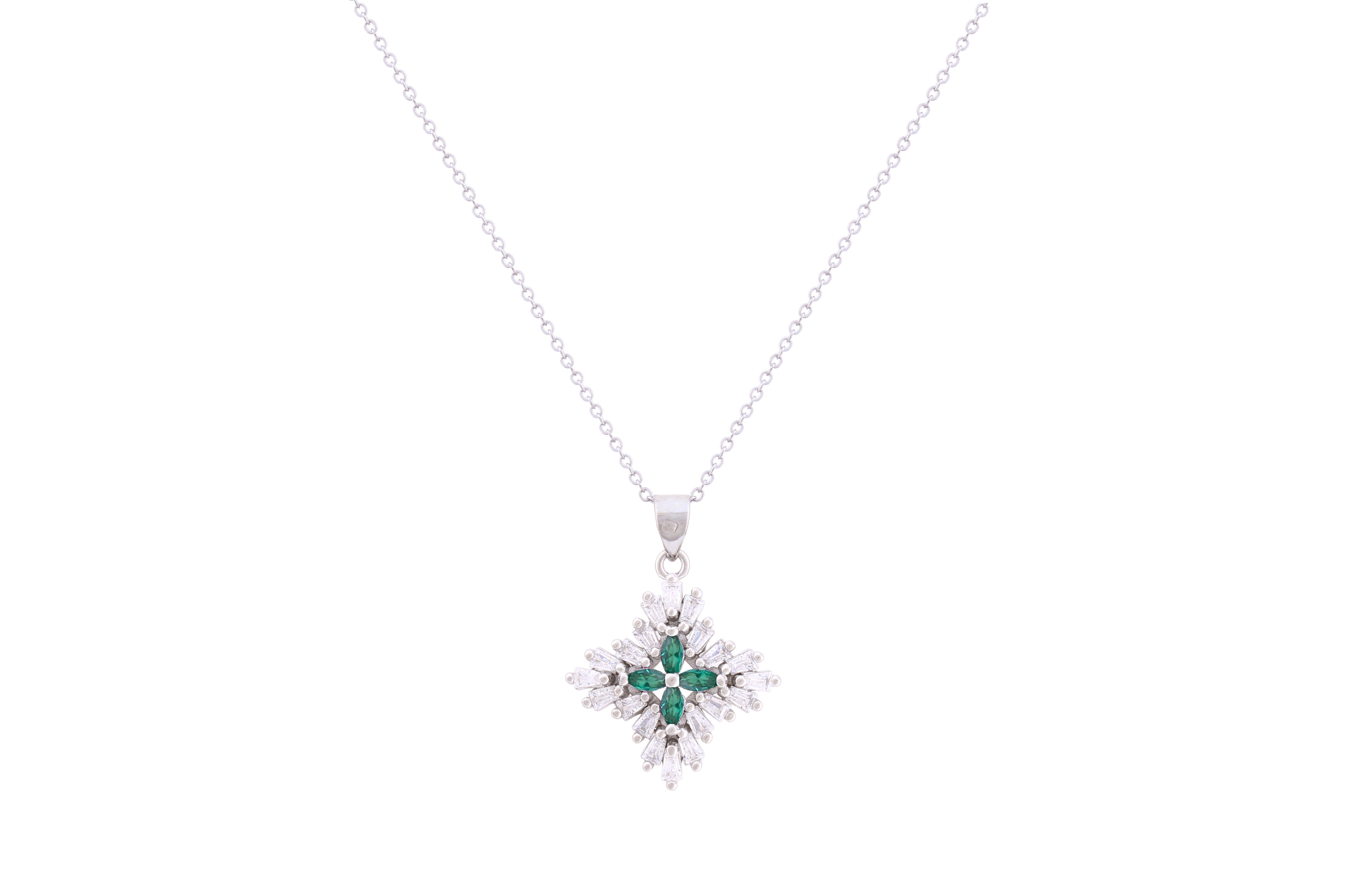 Asfour Crystal Chain Necklace With Emerald Flower Pendant In 925 Sterling Silver ND0265-WG