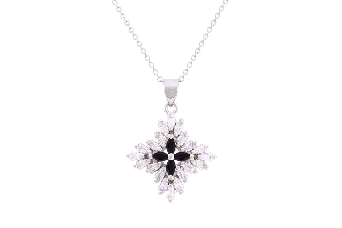 Asfour Crystal Chain Necklace With Black Flower Pendant In 925 Sterling Silver ND0265-WP