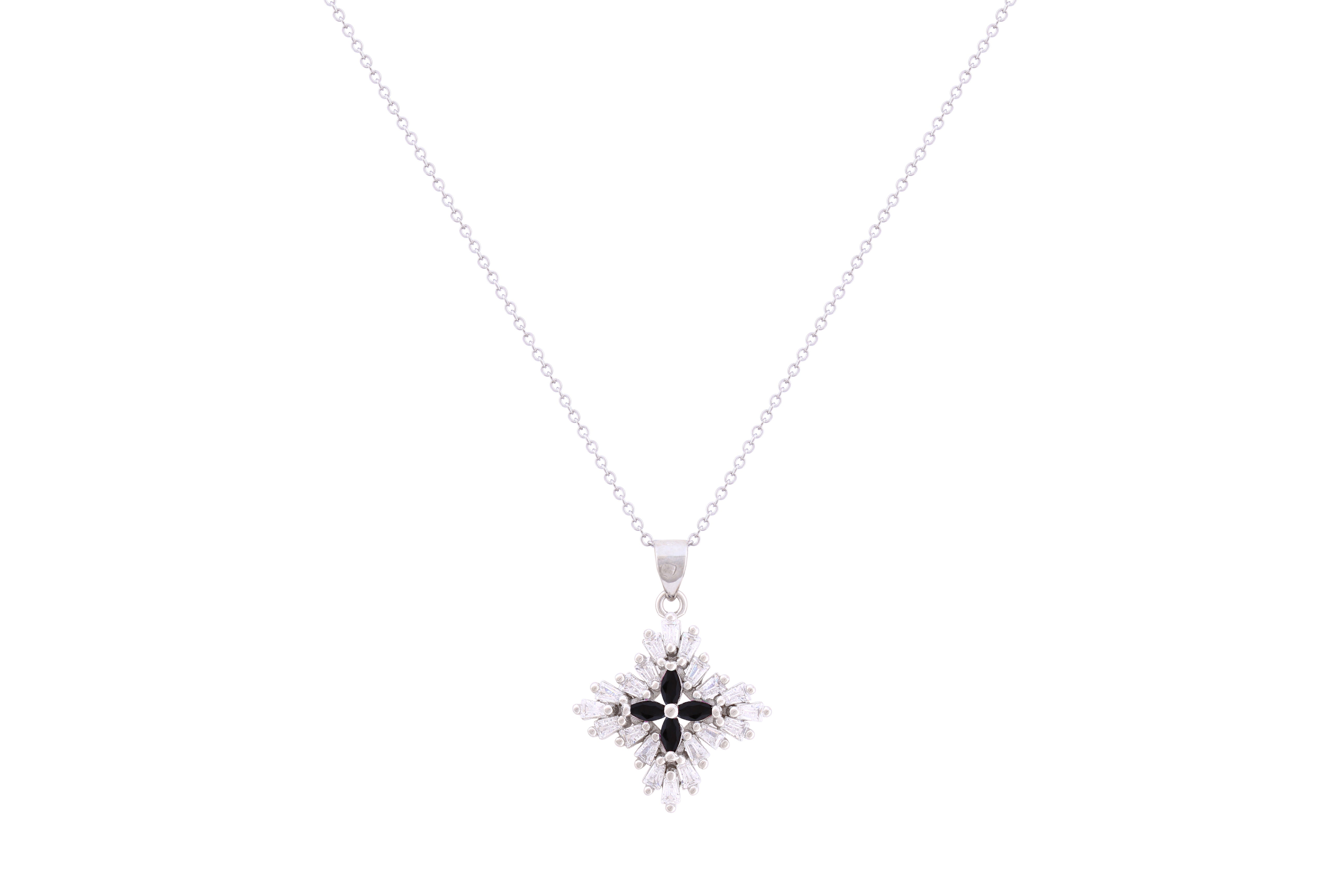 Asfour Crystal Chain Necklace With Black Flower Pendant In 925 Sterling Silver ND0265-WP