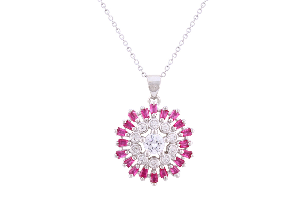 Asfour Crystal Chain Necklace With Fuchsia Round Flower Pendant In 925 Sterling Silver ND0266-WF