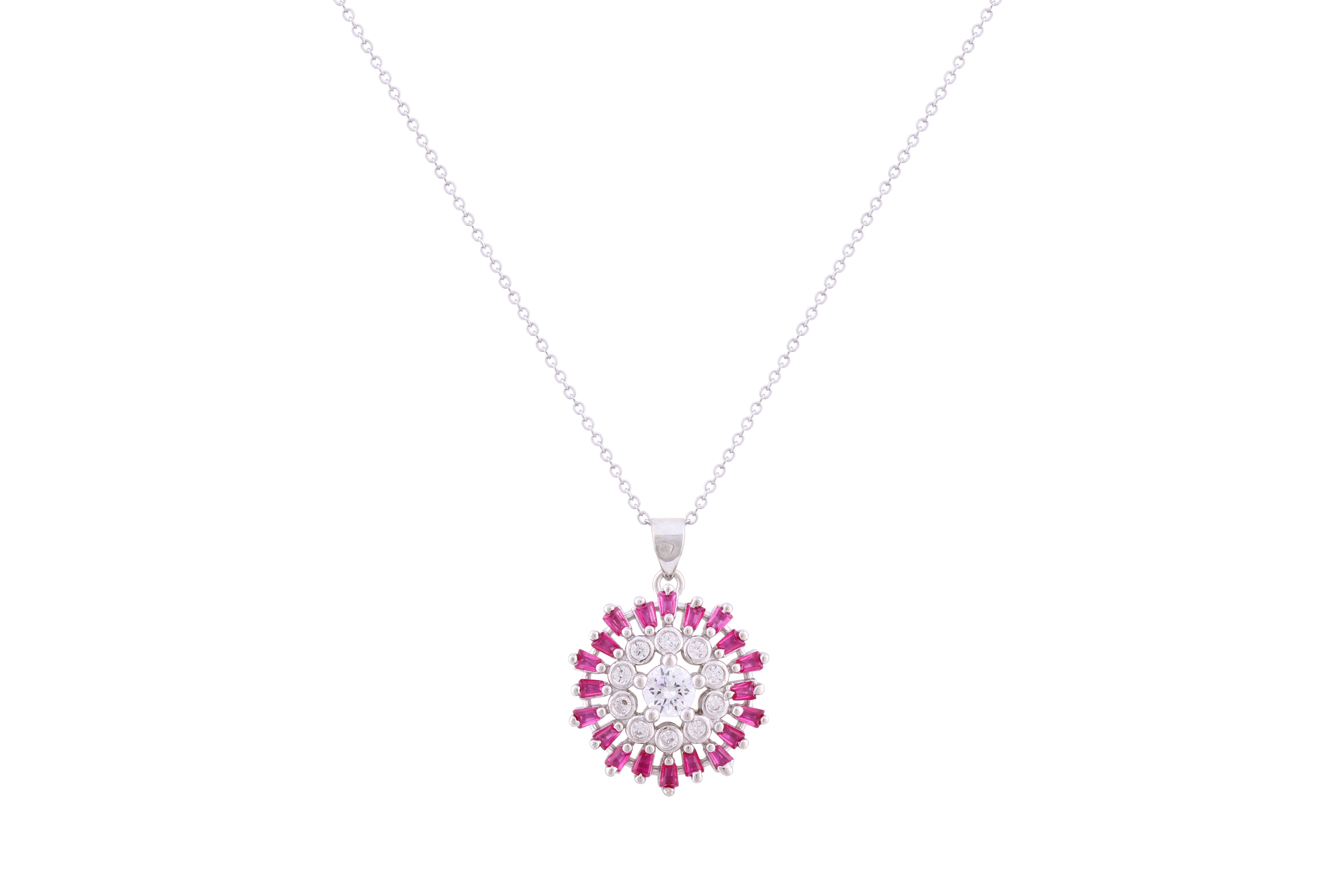 Asfour Crystal Chain Necklace With Fuchsia Round Flower Pendant In 925 Sterling Silver ND0266-WF