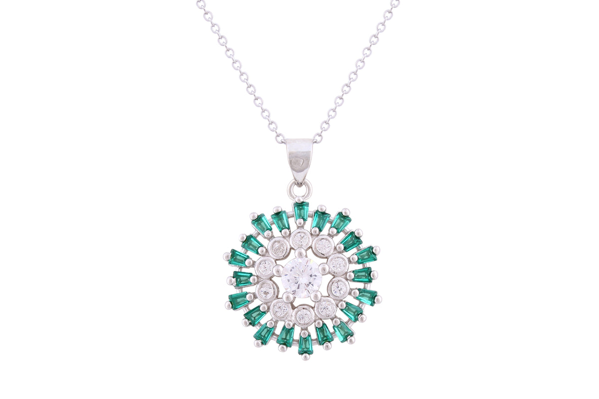 Asfour Crystal Chain Necklace With Emerald Round Flower Pendant In 925 Sterling Silver ND0266-WG