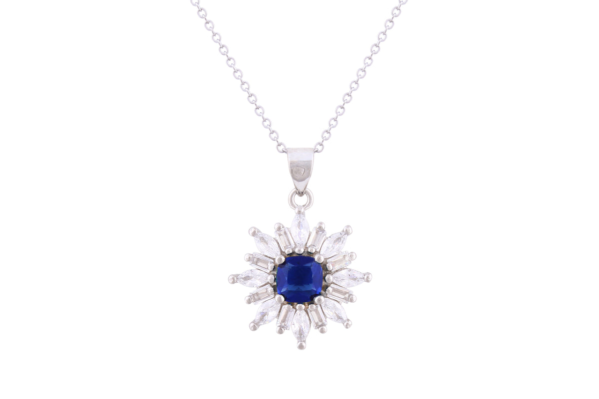 Asfour Crystal Chain Necklace With Blue Flower Pendant With Zircon In 925 Sterling Silver ND0267-WB