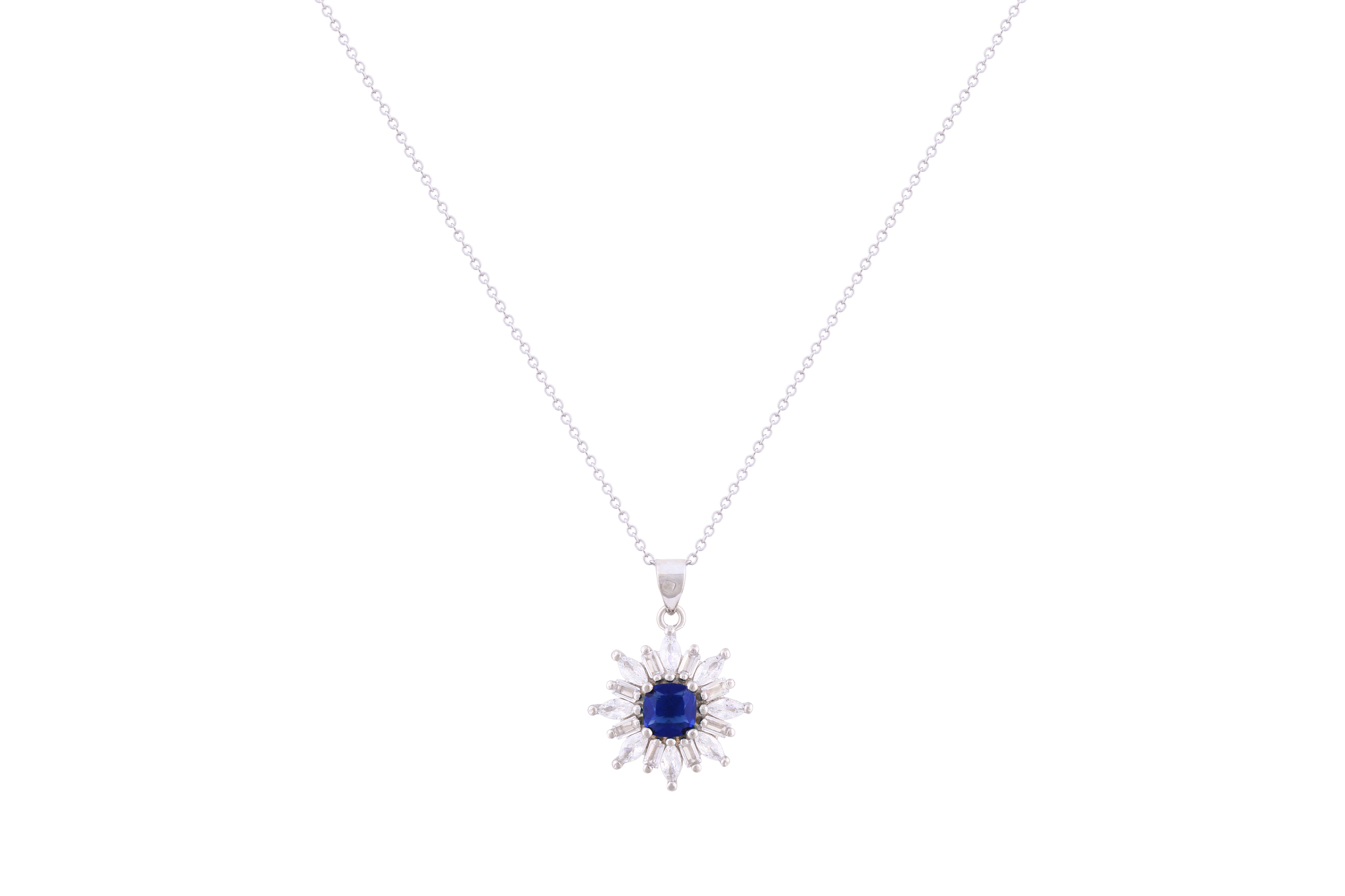 Asfour Crystal Chain Necklace With Blue Flower Pendant With Zircon In 925 Sterling Silver ND0267-WB