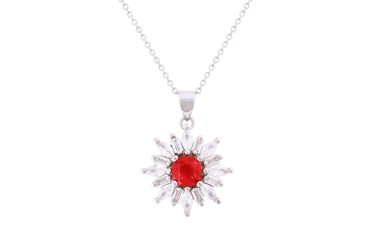 Asfour Crystal Chain Necklace With Fuchsia Flower Pendant With Zircon In 925 Sterling Silver ND0267-WF