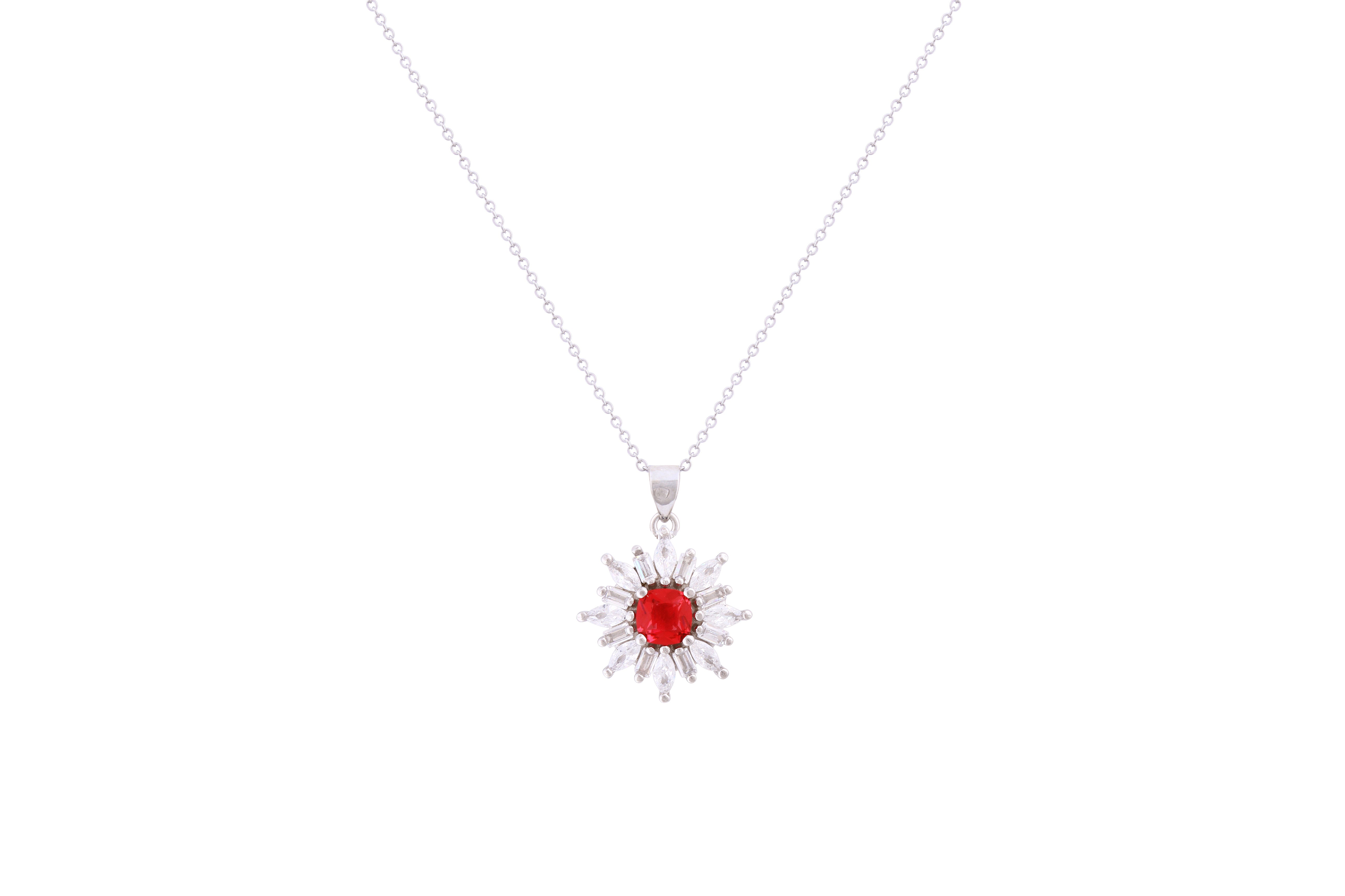 Asfour Crystal Chain Necklace With Fuchsia Flower Pendant With Zircon In 925 Sterling Silver ND0267-WF