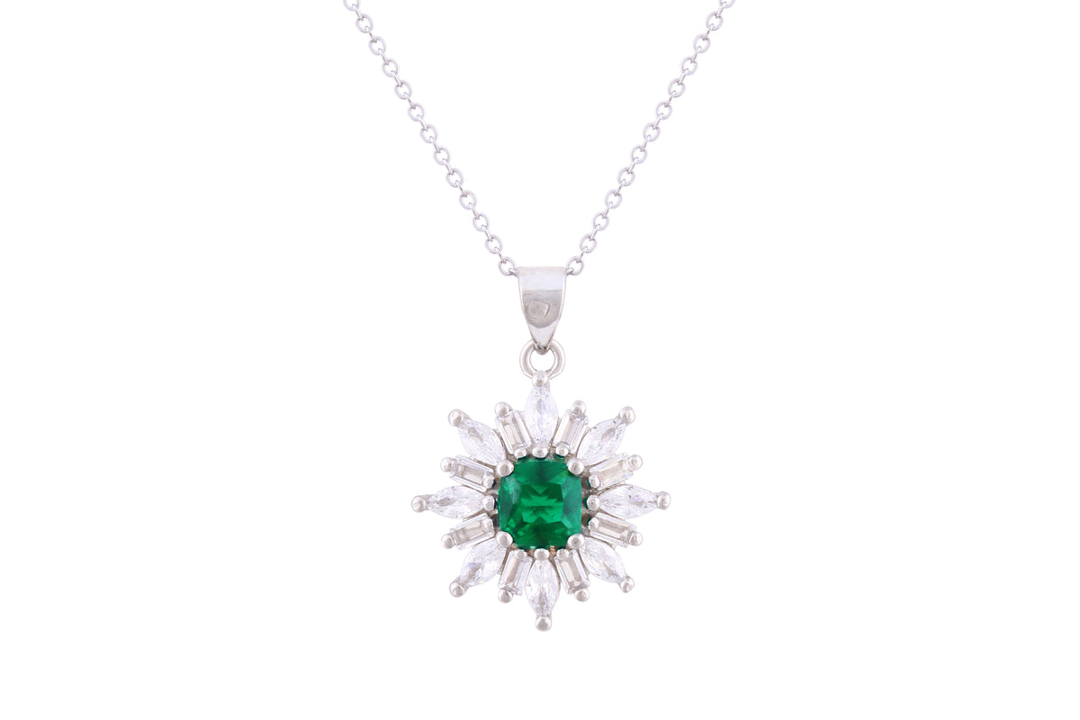 Asfour Crystal Chain Necklace With Emerald Flower Pendant With Zircon In 925 Sterling Silver ND0267-WG