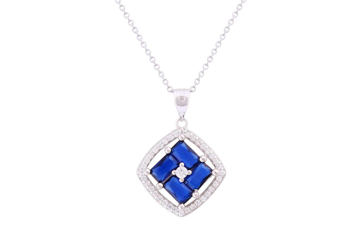 Asfour Crystal Chain Necklace With Blue Cushion Design Pendant In 925 Sterling Silver ND0269-WB