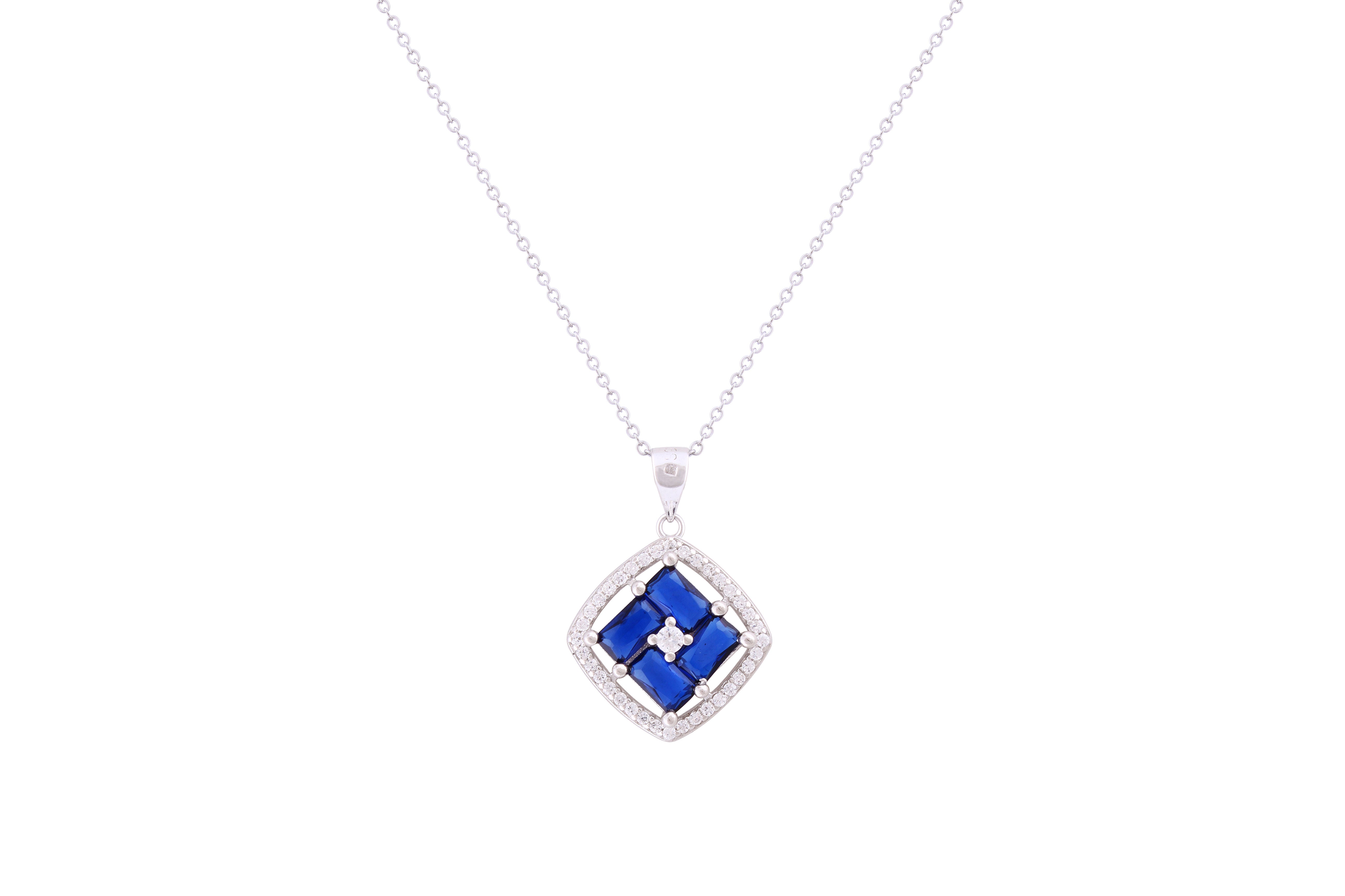 Asfour Crystal Chain Necklace With Blue Cushion Design Pendant In 925 Sterling Silver ND0269-WB