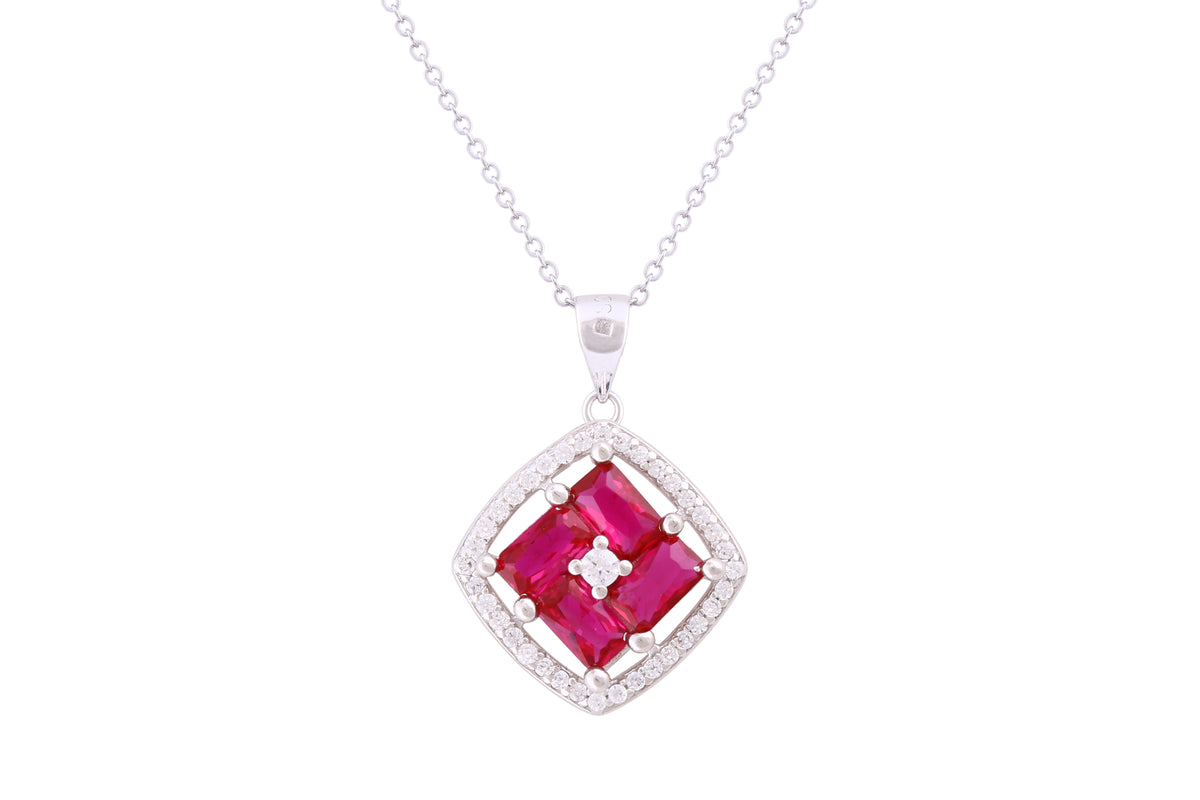 Asfour Crystal Chain Necklace With Fuchsia Cushion Design Pendant In 925 Sterling Silver ND0269-WF