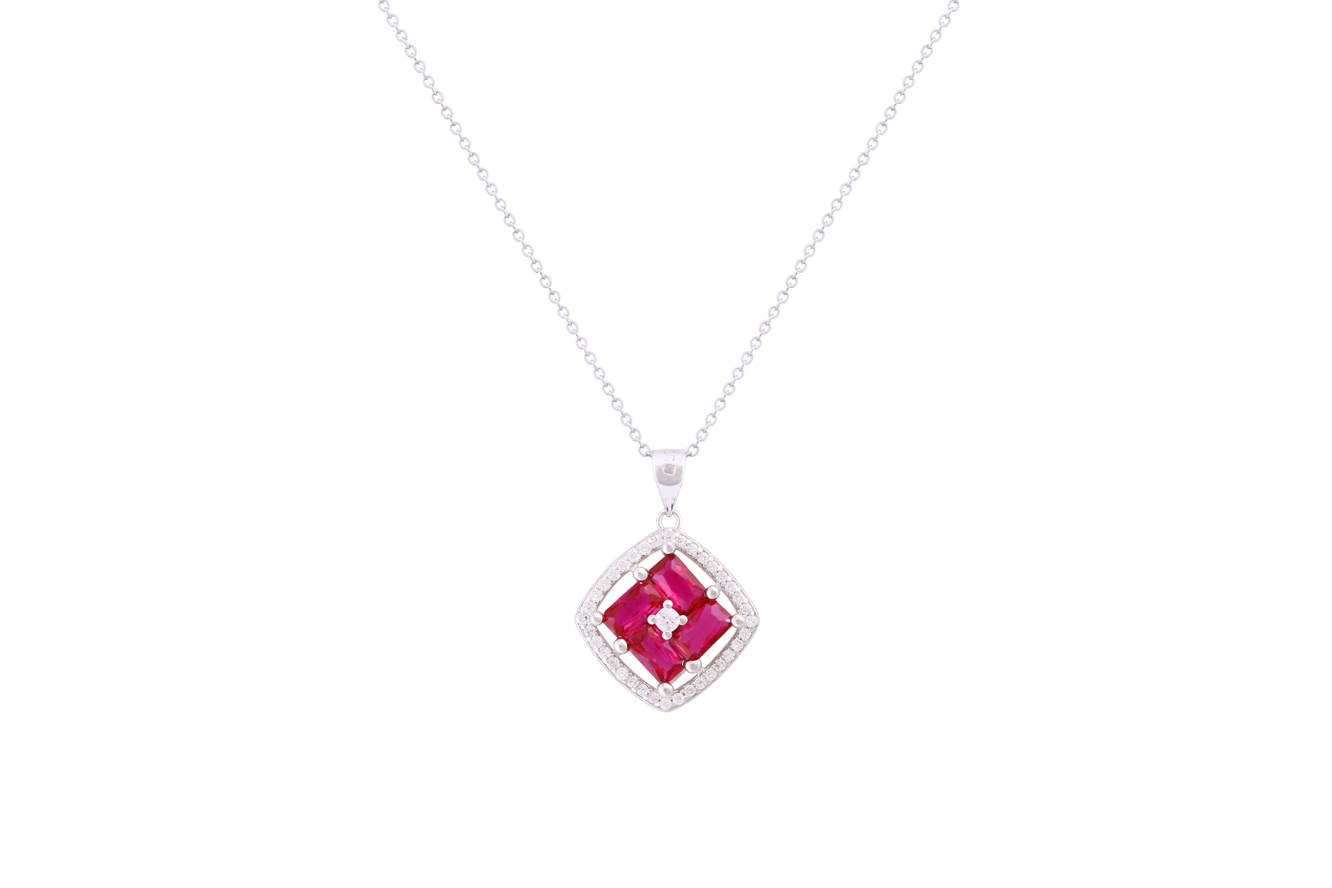 Asfour Crystal Chain Necklace With Fuchsia Cushion Design Pendant In 925 Sterling Silver ND0269-WF