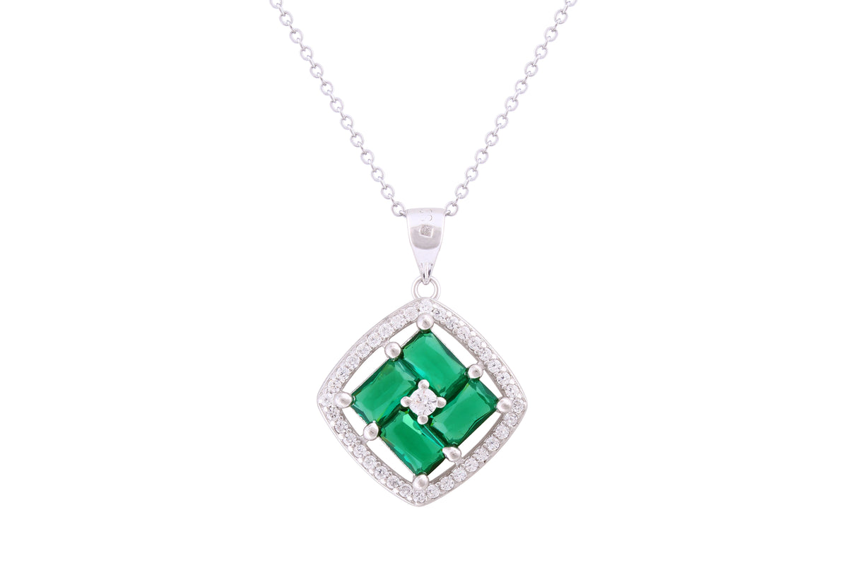 Asfour Crystal Chain Necklace With Emerald Cushion Design Pendant In 925 Sterling Silver ND0269-WG