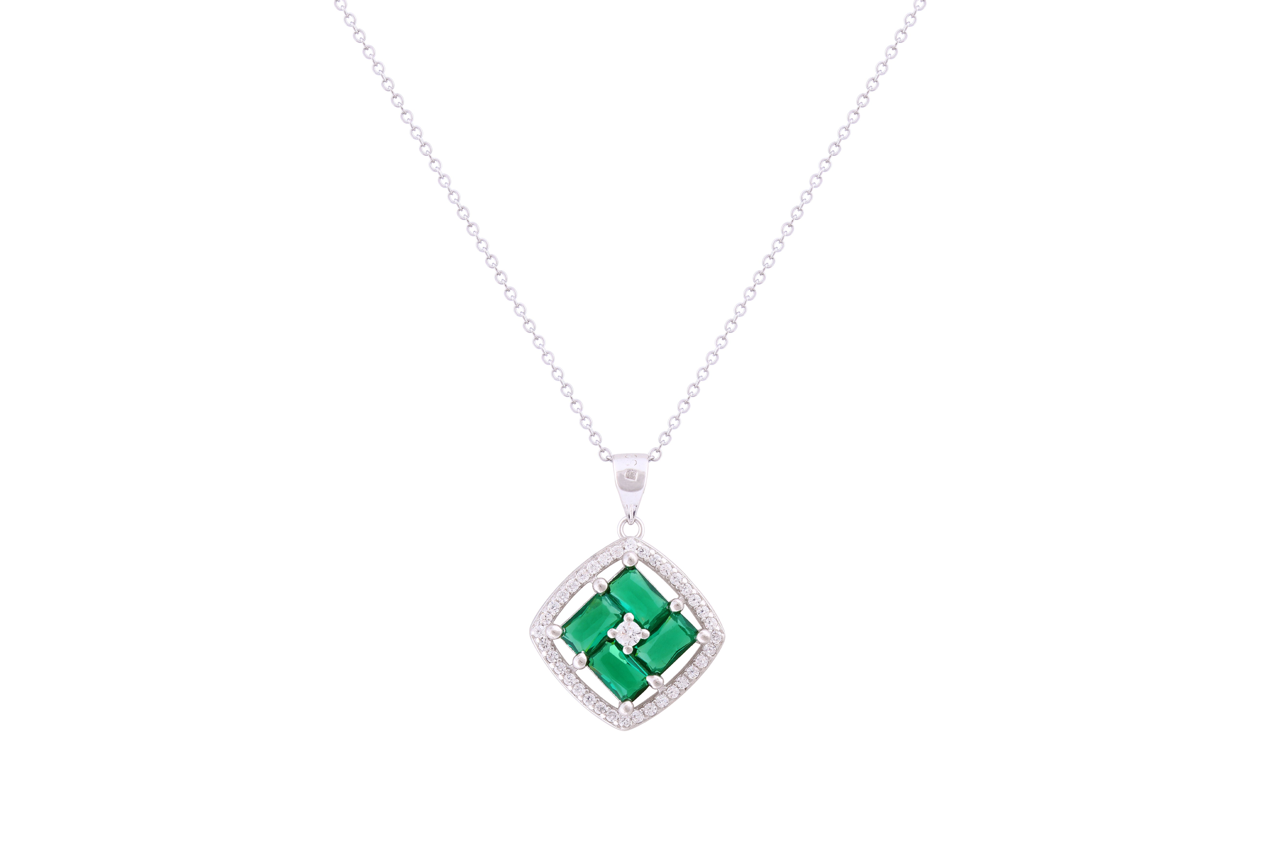 Asfour Crystal Chain Necklace With Emerald Cushion Design Pendant In 925 Sterling Silver ND0269-WG