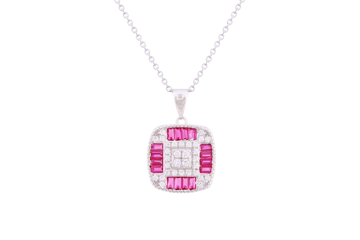 Asfour Crystal Chain Necklace With Fuchsia Square Pendant In 925 Sterling Silver ND0270-WF