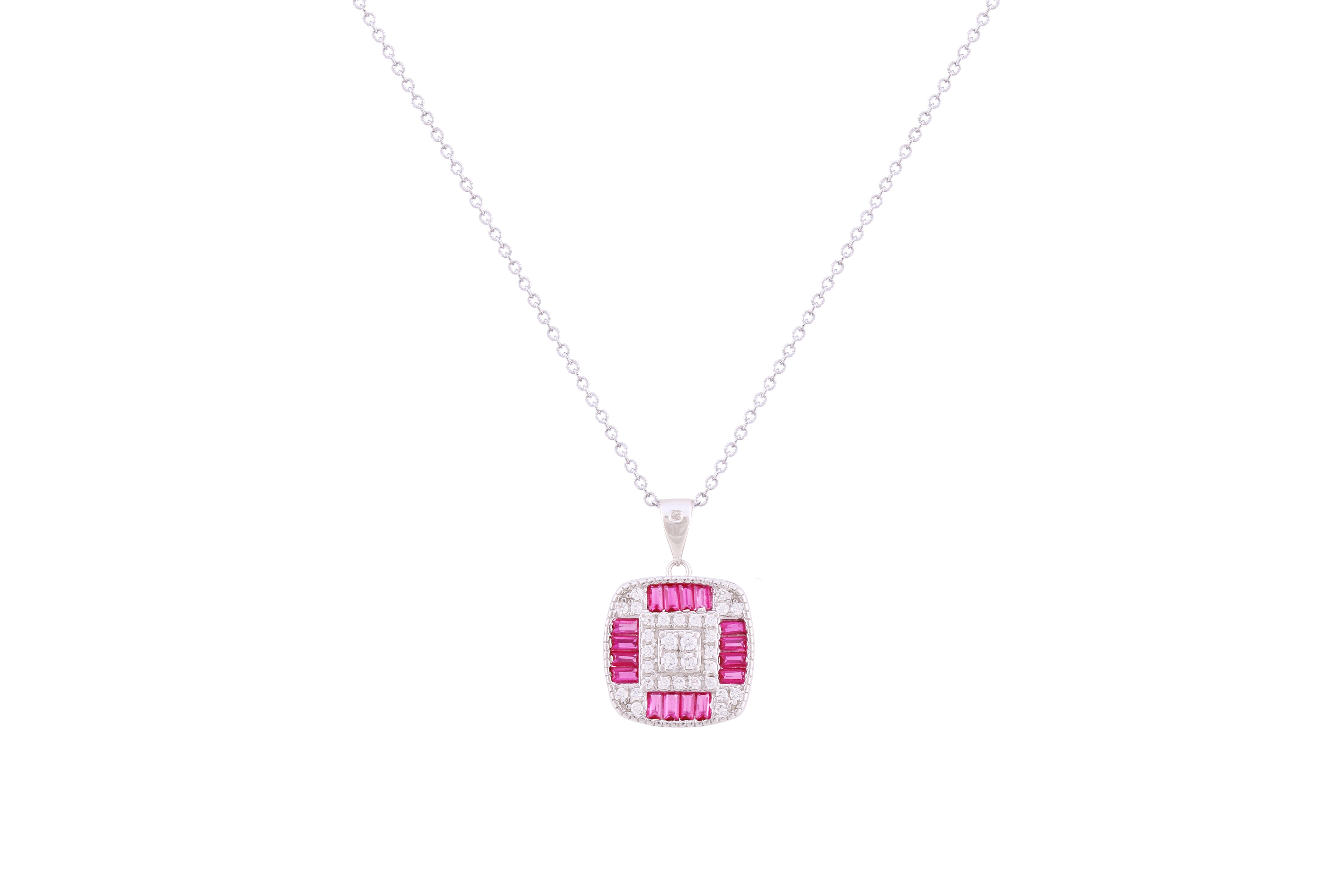 Asfour Crystal Chain Necklace With Fuchsia Square Pendant In 925 Sterling Silver ND0270-WF