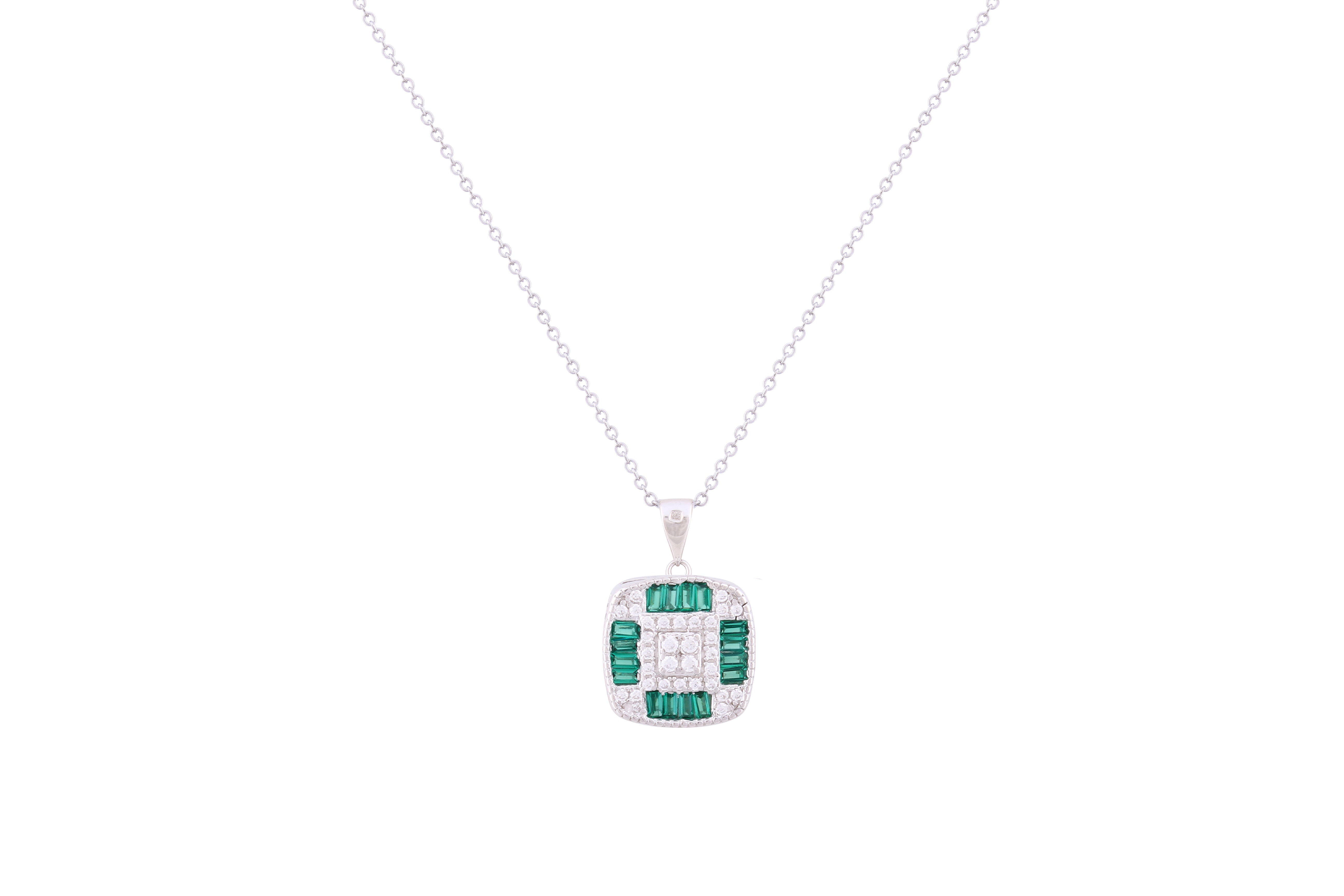 Asfour Crystal Chain Necklace With Emerald Square Pendant In 925 Sterling Silver ND0270-WG