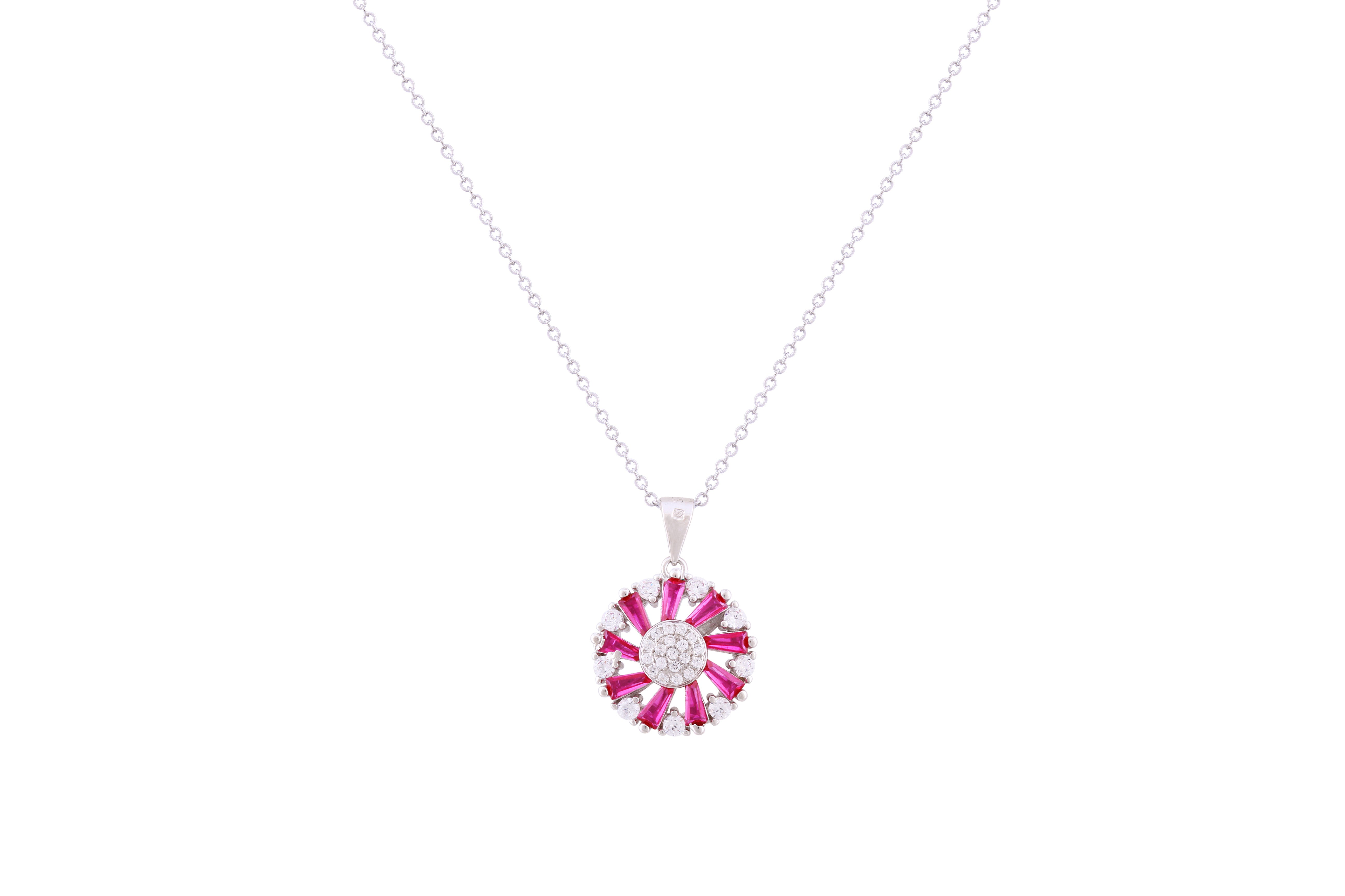 Asfour Crystal Chain Necklace With Fuchsia Baguette Zircon Stones In 925 Sterling Silver ND0271-WF