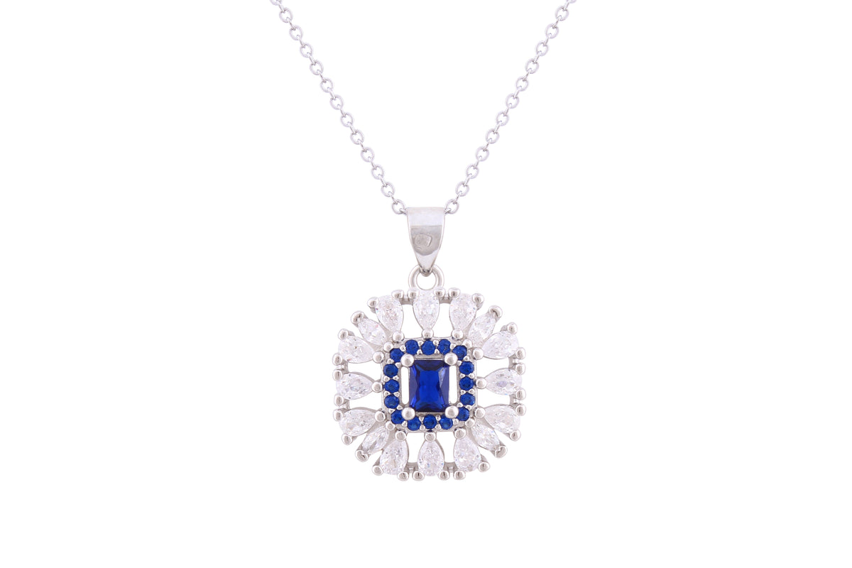 Asfour Crystal Chain Necklace With Blue Square Design In 925 Sterling Silver ND0272-WB