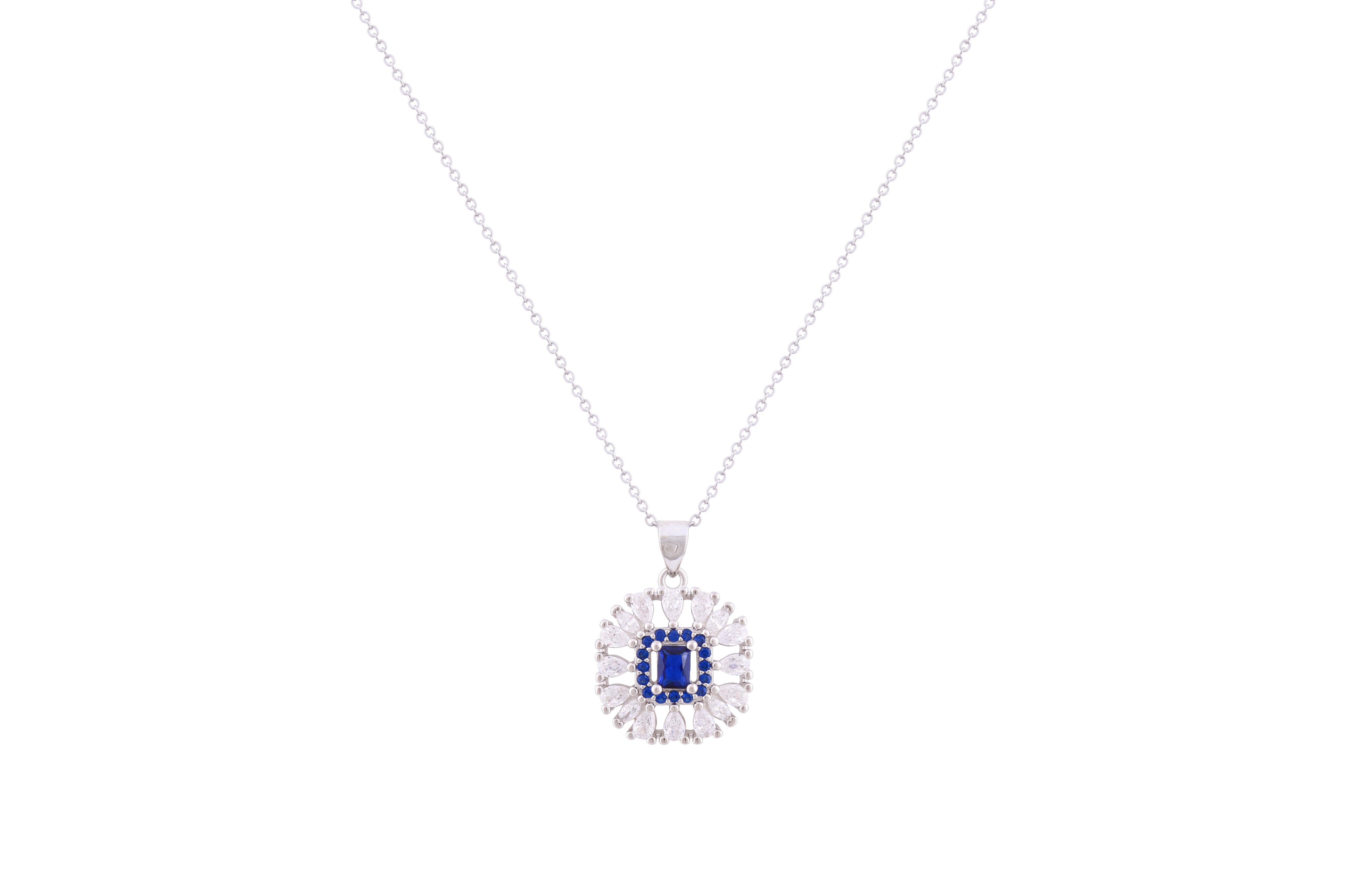 Asfour Crystal Chain Necklace With Blue Square Design In 925 Sterling Silver ND0272-WB