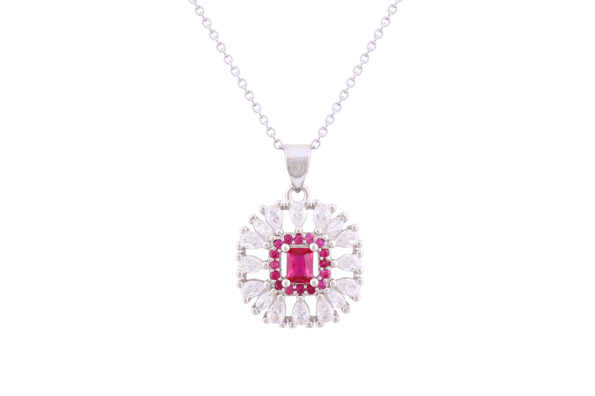 Asfour Crystal Chain Necklace With Fuchsia Square Design In 925 Sterling Silver ND0272-WF