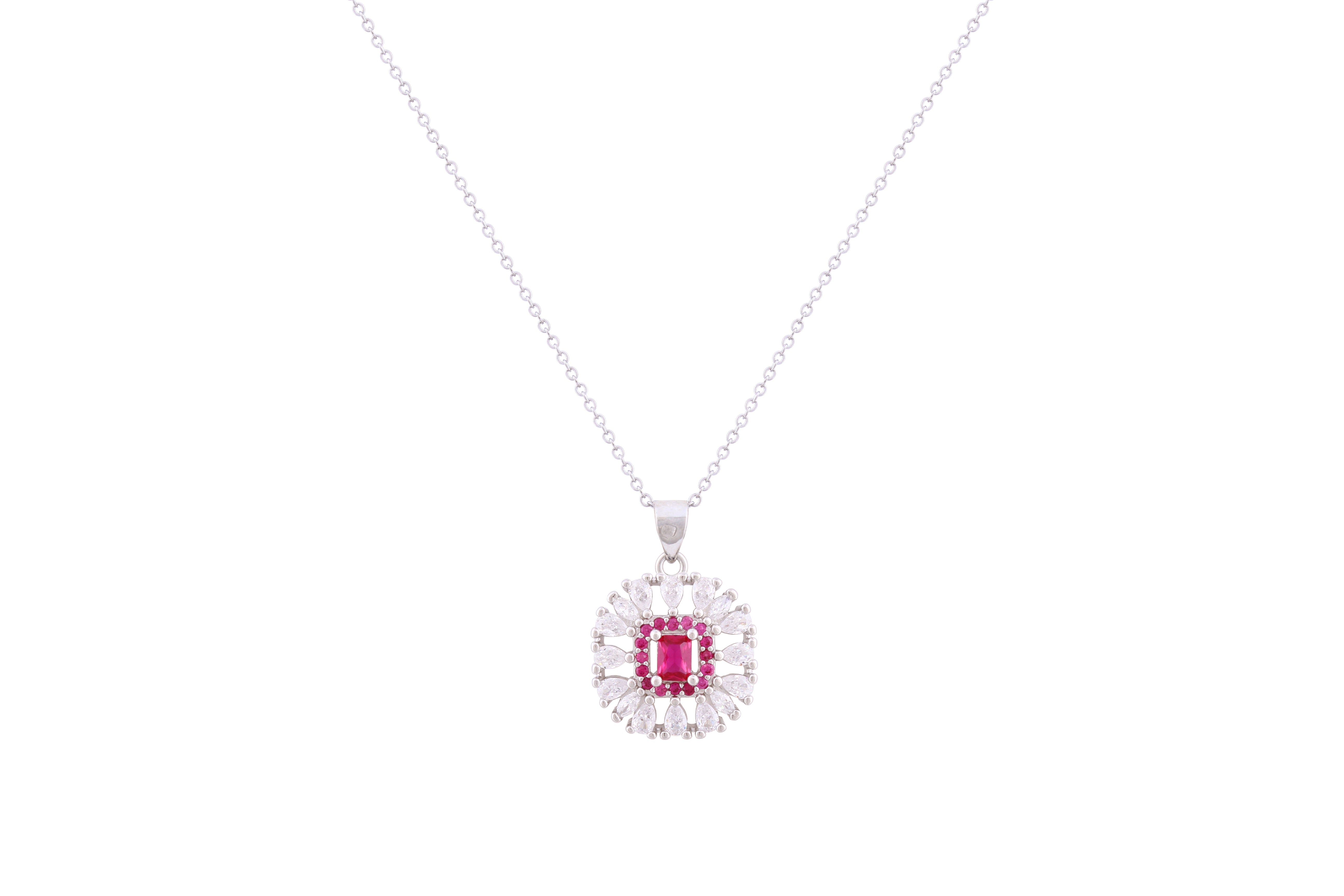 Asfour Crystal Chain Necklace With Fuchsia Square Design In 925 Sterling Silver ND0272-WF