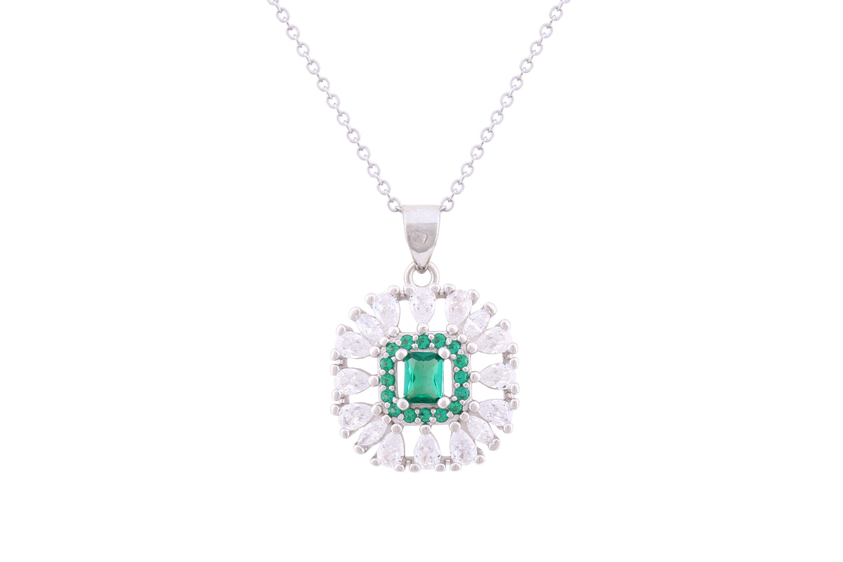 Asfour Crystal Chain Necklace With Emerald Square Design In 925 Sterling Silver ND0272-WG