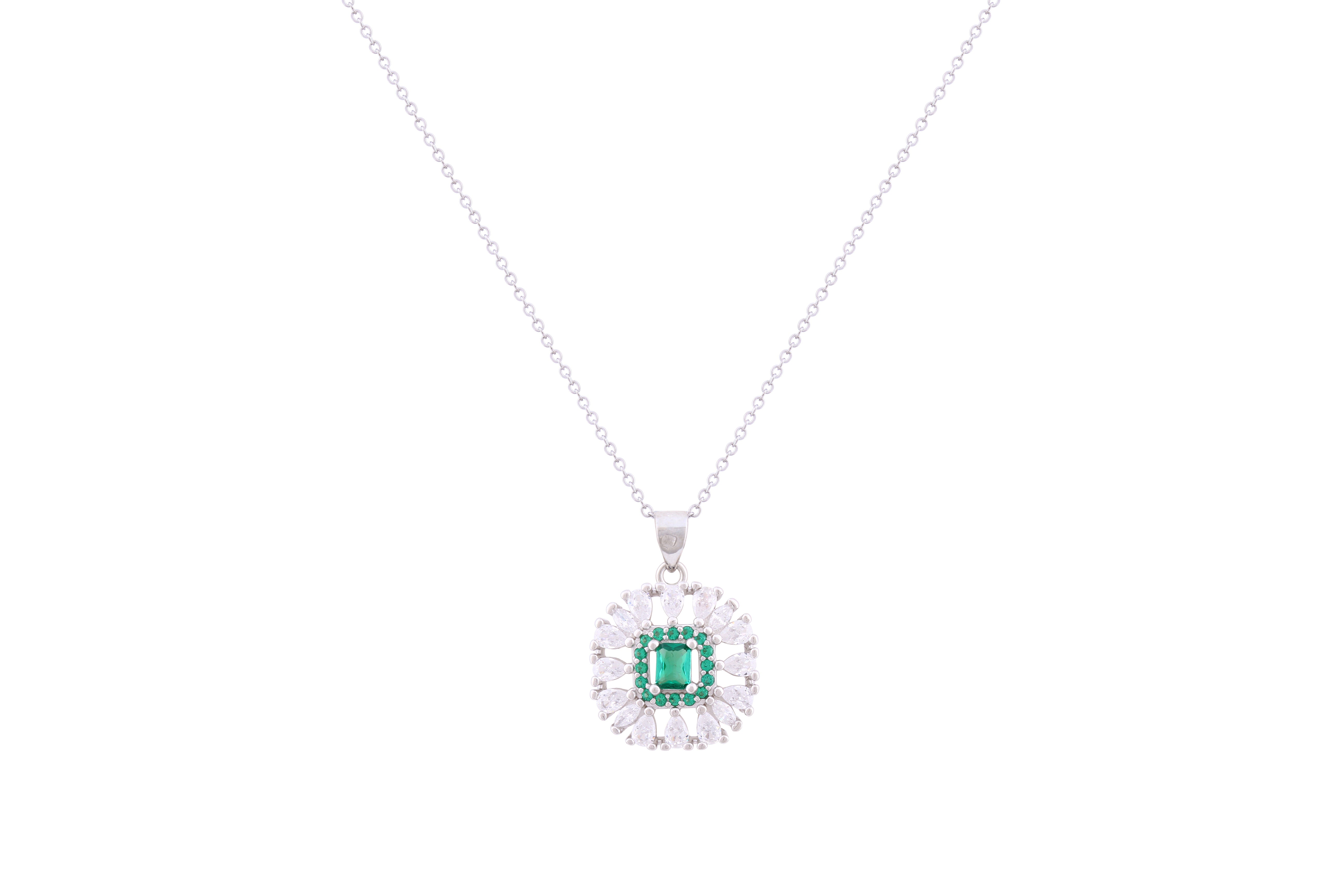 Asfour Crystal Chain Necklace With Emerald Square Design In 925 Sterling Silver ND0272-WG