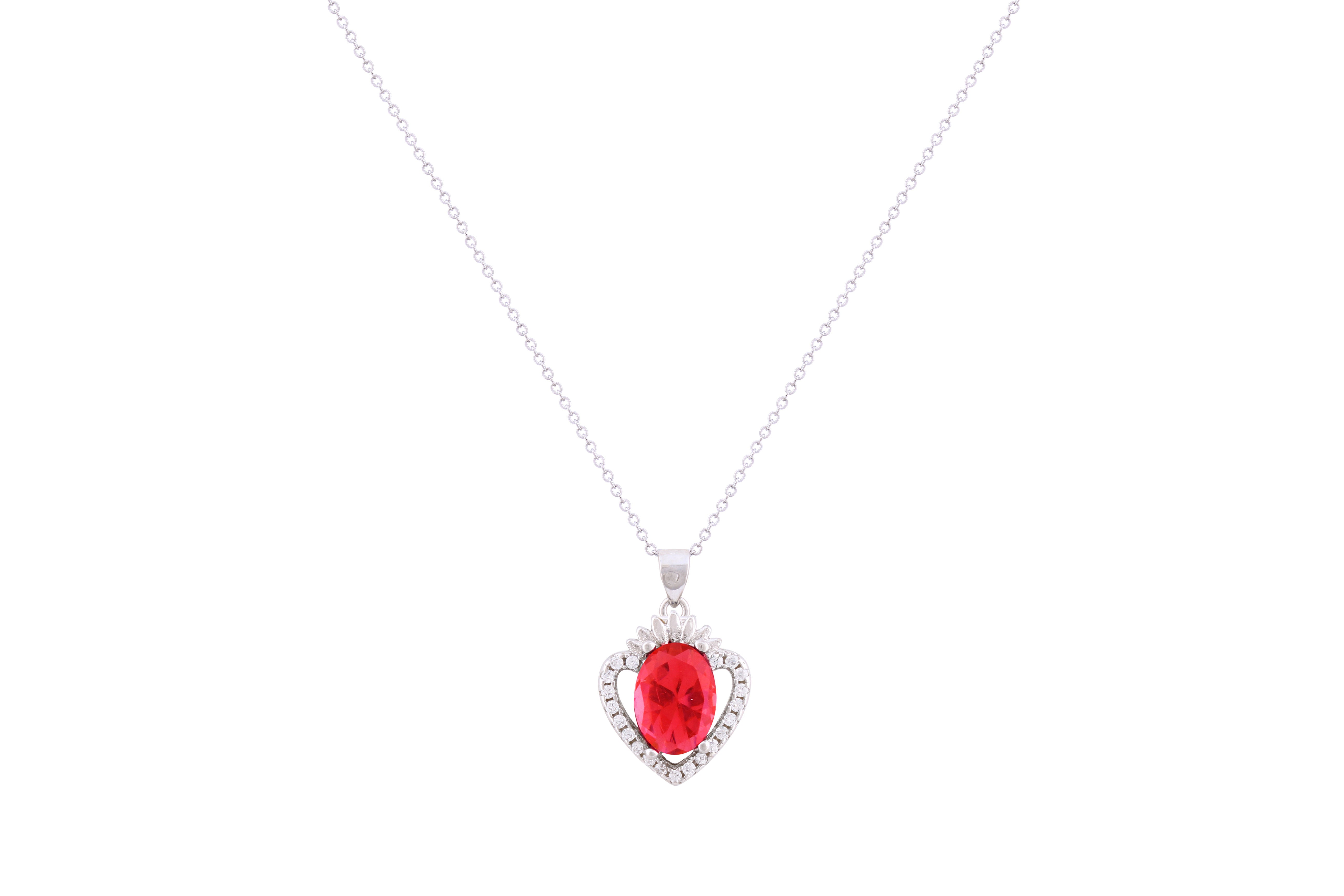 Asfour Crystal Chain Necklace With Fuchsia Heart Pendant In 925 Sterling Silver ND0273-F