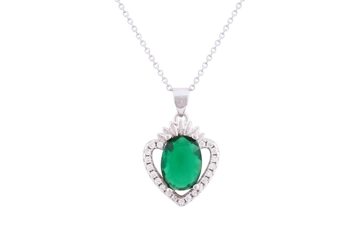 Asfour Crystal Chain Necklace With Emerald Heart Pendant In 925 Sterling Silver ND0273-G