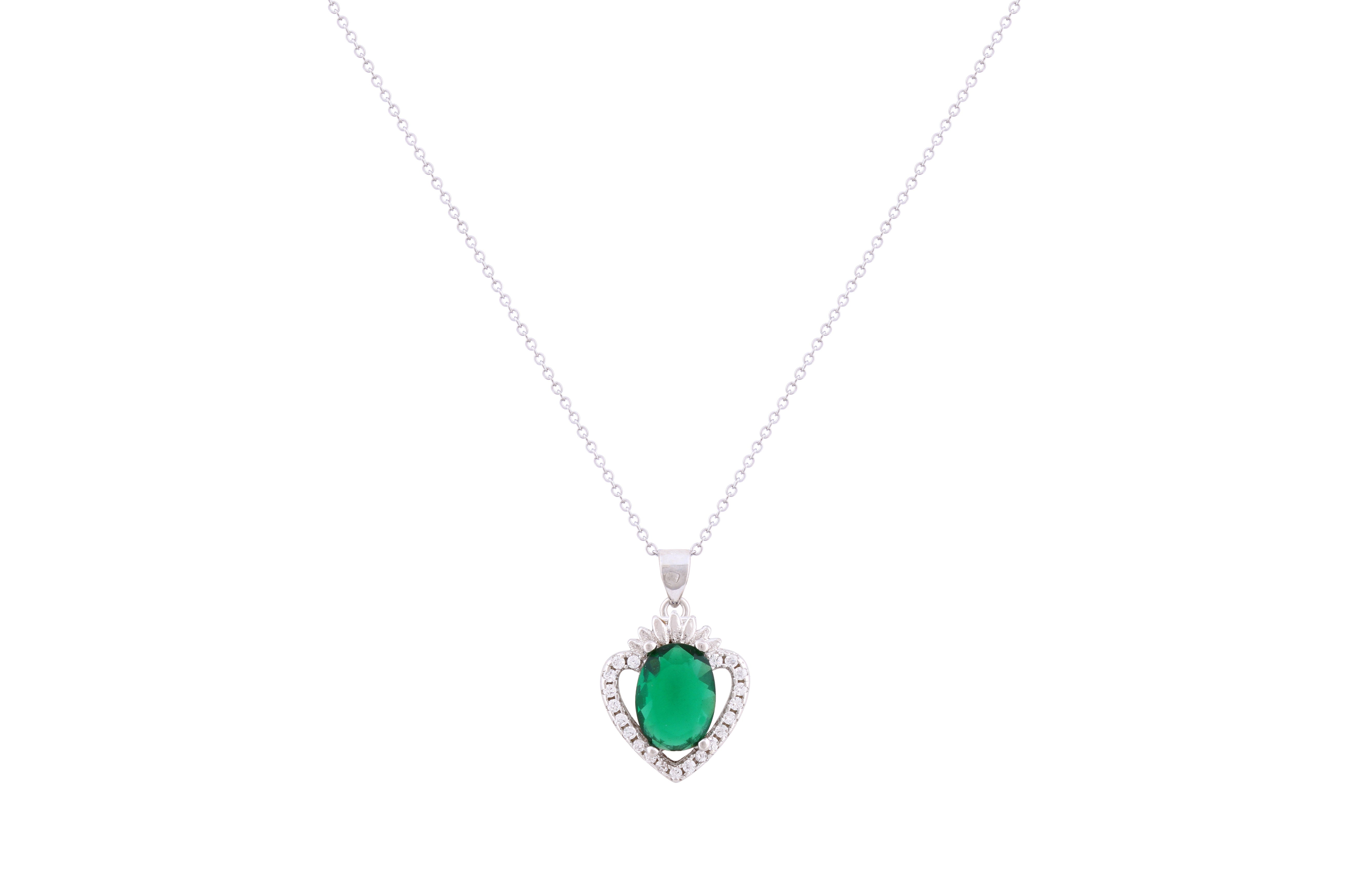 Asfour Crystal Chain Necklace With Emerald Heart Pendant In 925 Sterling Silver ND0273-G