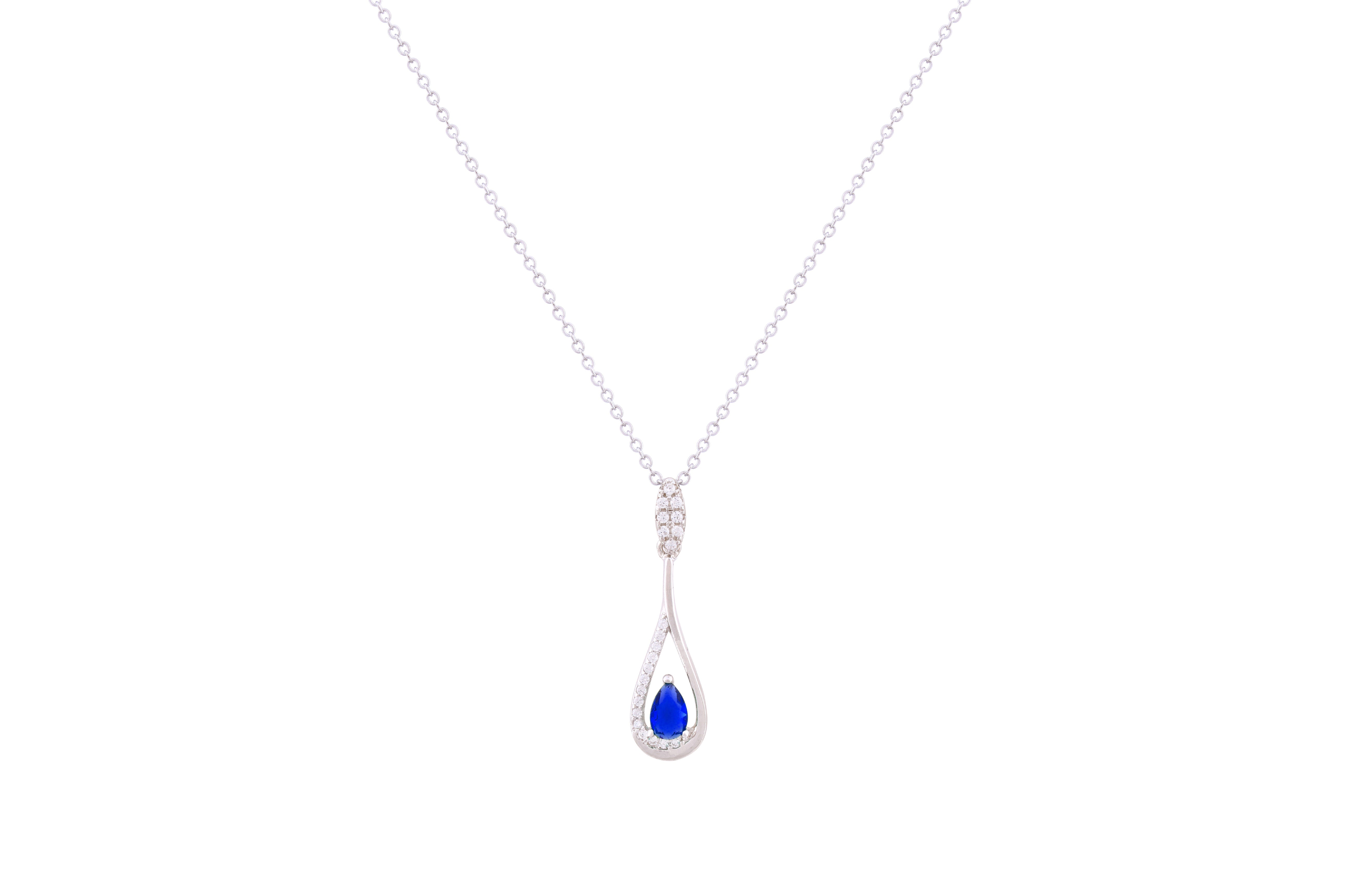 Asfour Crystal Chain Necklace With Blue Pear Zircon Stone In 925 Sterling Silver ND0274-WB