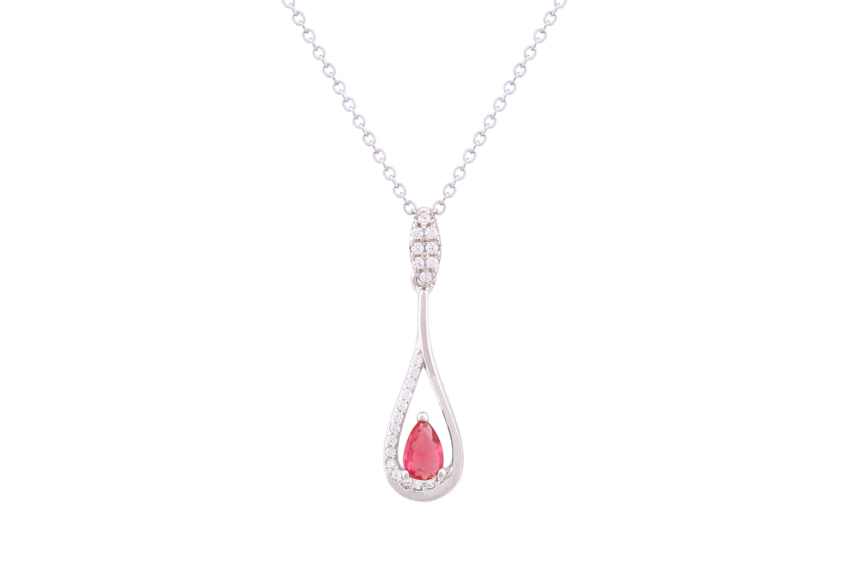 Asfour Crystal Chain Necklace With Fuchsia Pear Zircon Stone In 925 Sterling Silver ND0274-WF