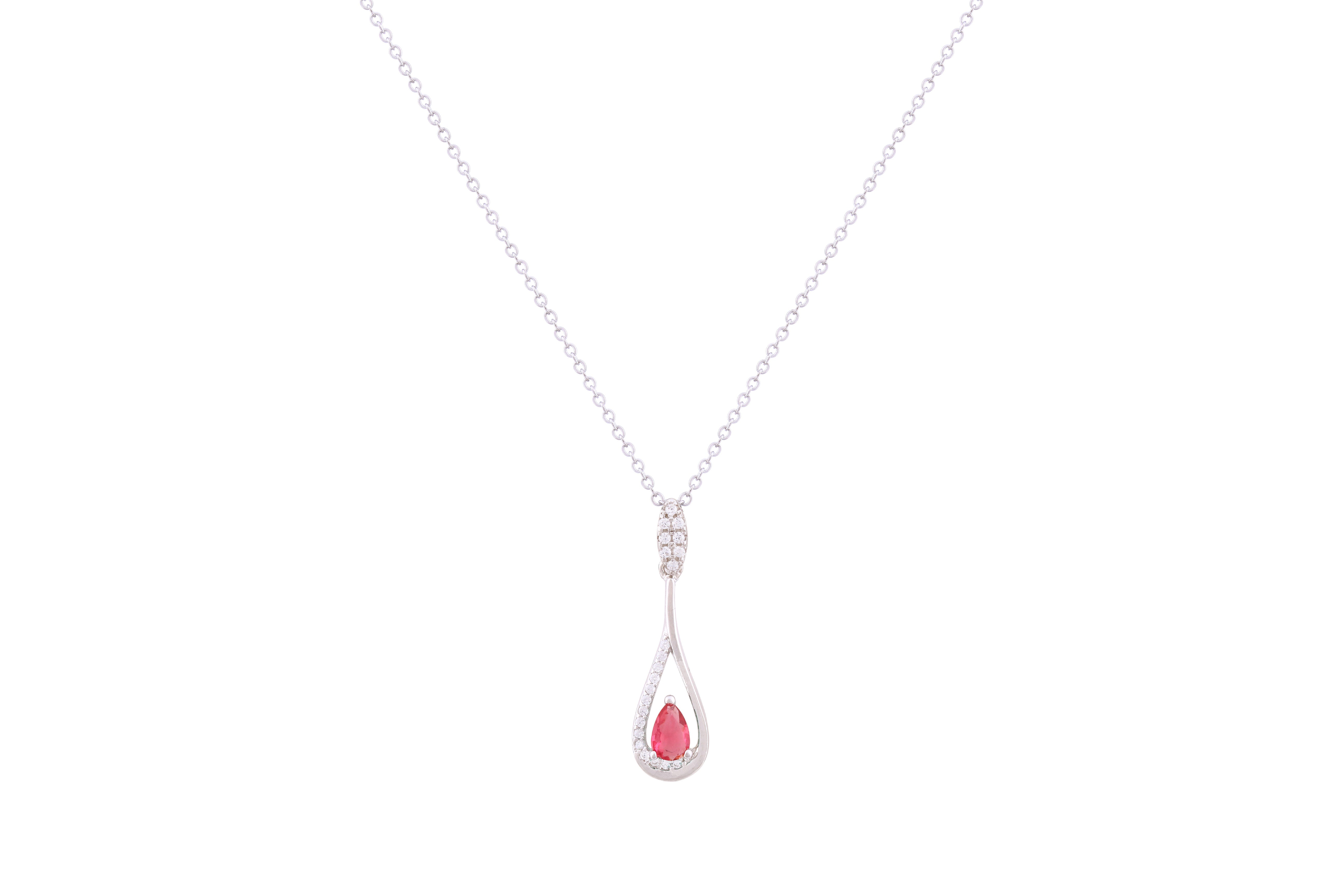 Asfour Crystal Chain Necklace With Fuchsia Pear Zircon Stone In 925 Sterling Silver ND0274-WF