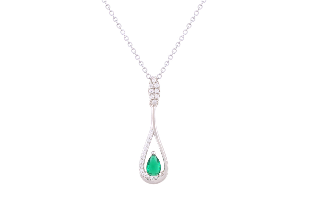 Asfour Crystal Chain Necklace With Emerald Pear Zircon Stone In 925 Sterling Silver ND0274-WG