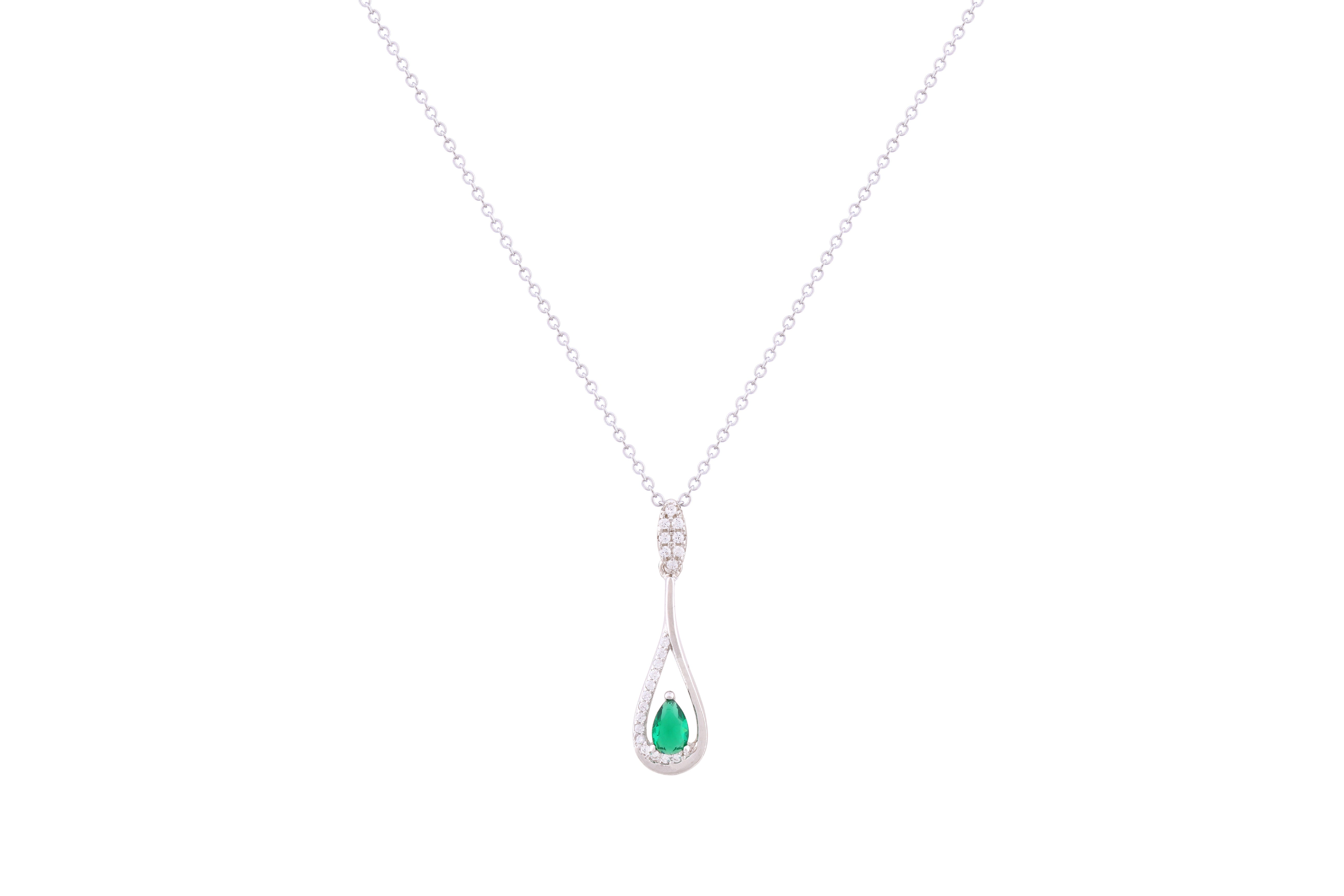 Asfour Crystal Chain Necklace With Emerald Pear Zircon Stone In 925 Sterling Silver ND0274-WG