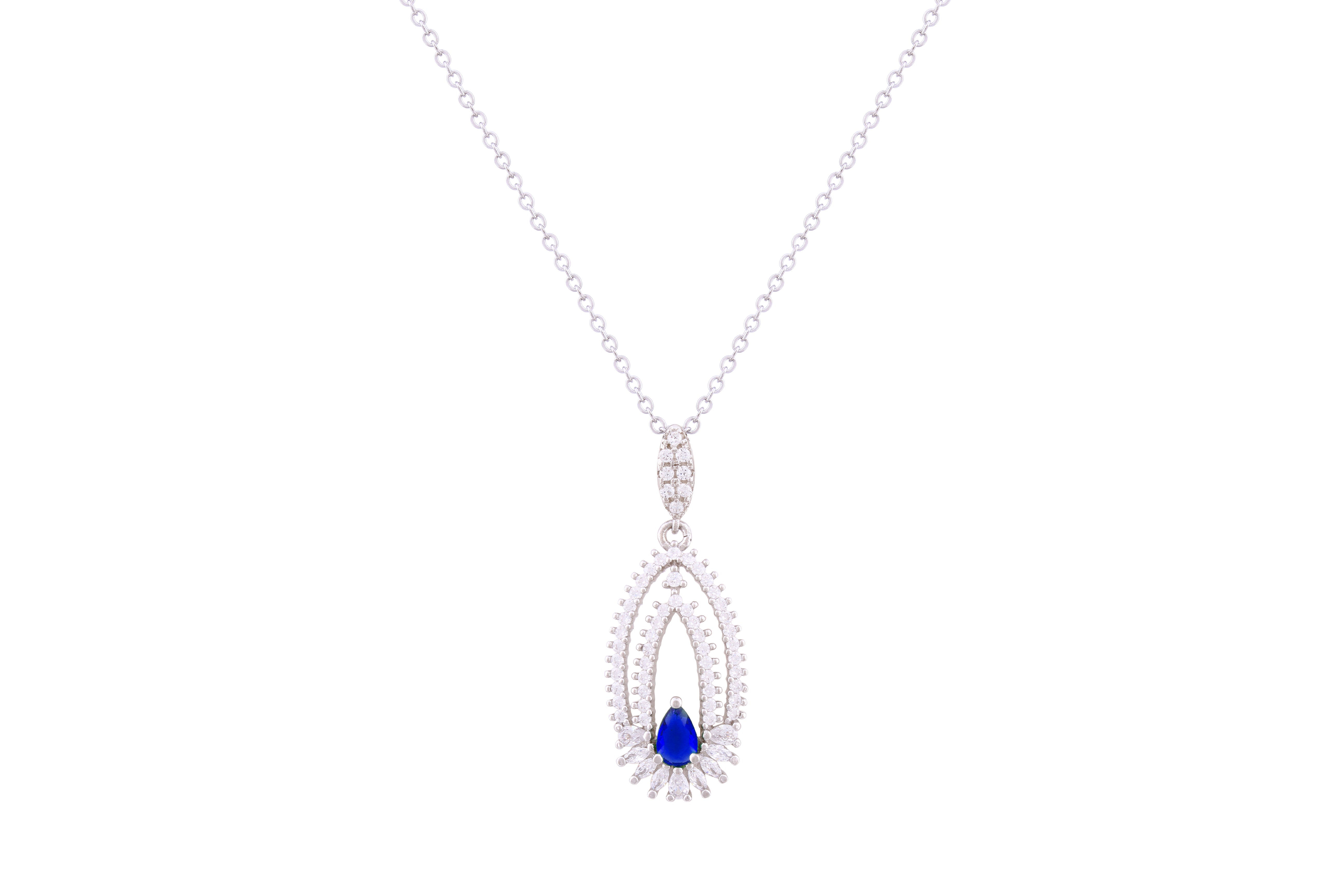 Asfour Crystal Chain Necklace With Blue Decorative Design In 925 Sterling Silver ND0275-WB