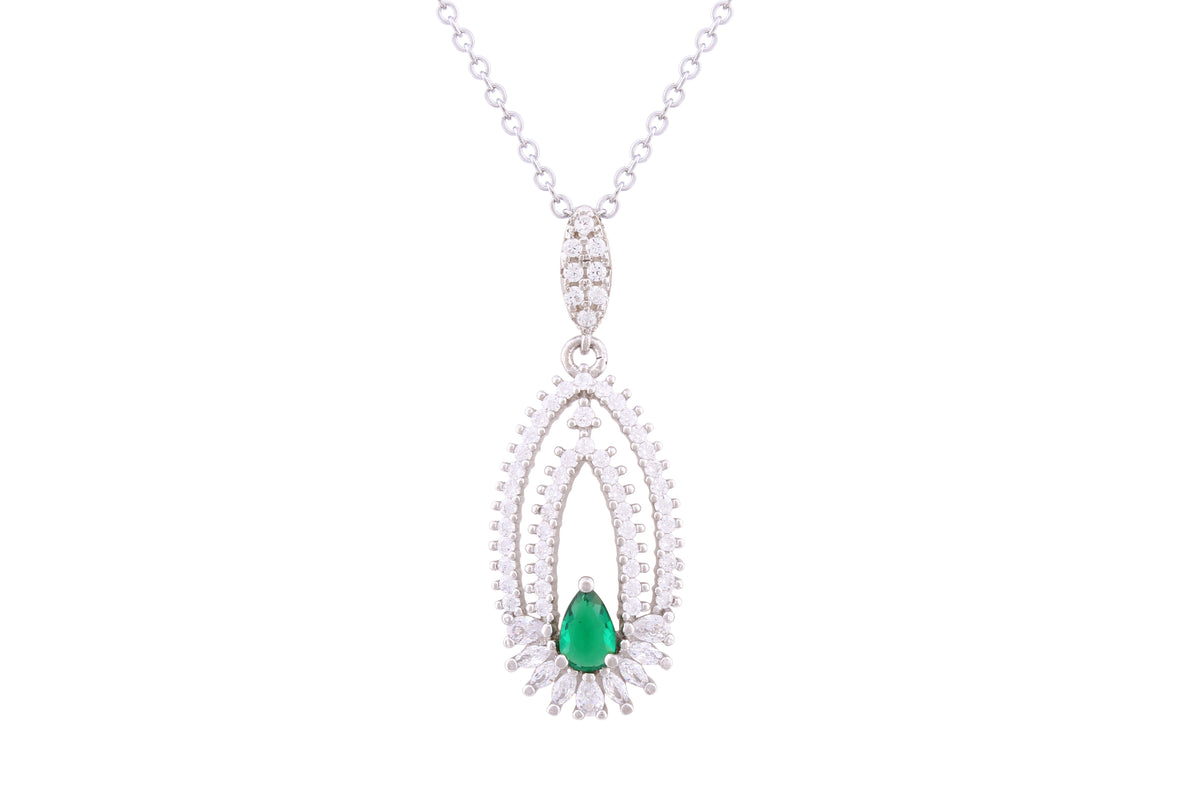 Asfour Crystal Chain Necklace With Emerald Decorative Design In 925 Sterling Silver ND0275-WG