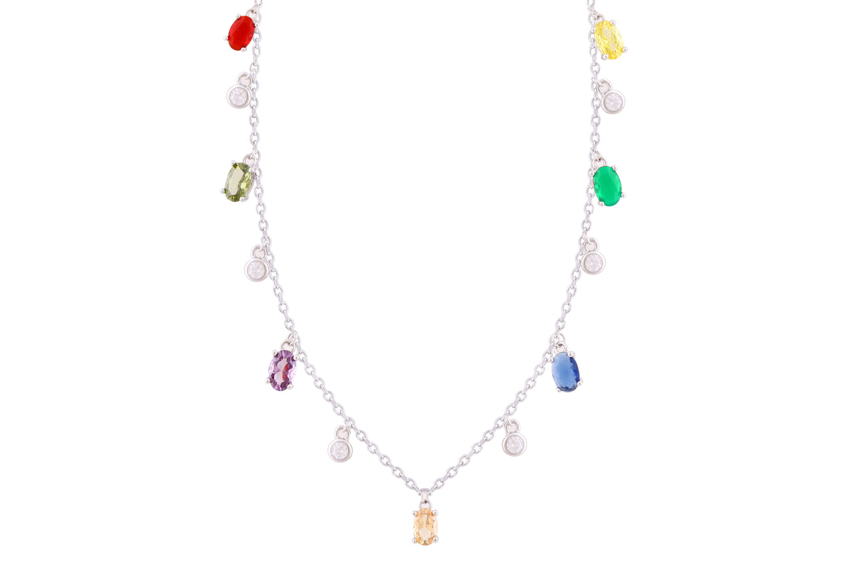 Asfour Crystal Charm Necklace With Multi Color Oval Zircon In 925 Sterling Silver-ND0277-K