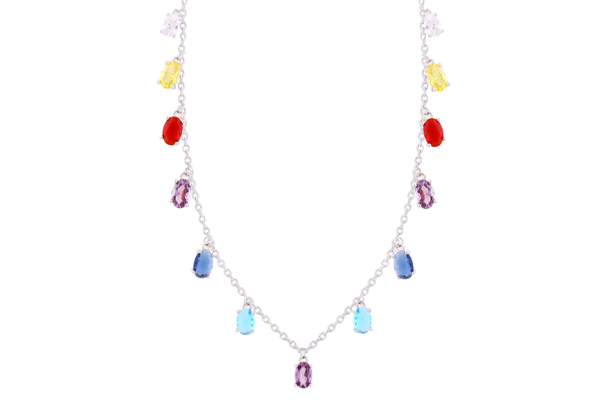 Asfour Crystal Chain Necklace With Multi Color Zircon Pendant In 925 Sterling Silver-ND0278-K