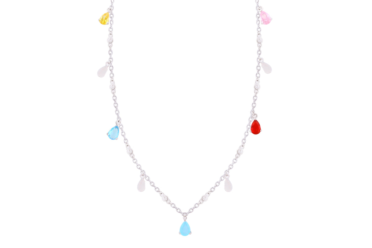 Asfour Crystal Charm Necklace With Multi Color Pear Zircon Stones In 925 Sterling Silver-ND0279-K