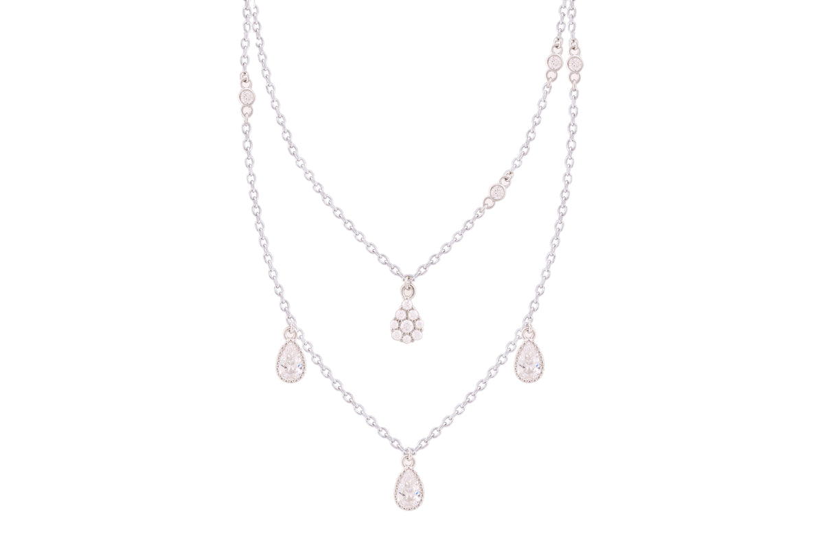 Asfour Crystal Doube Layer Chain Necklace With Pear Design In 925 Sterling Silver-ND0280