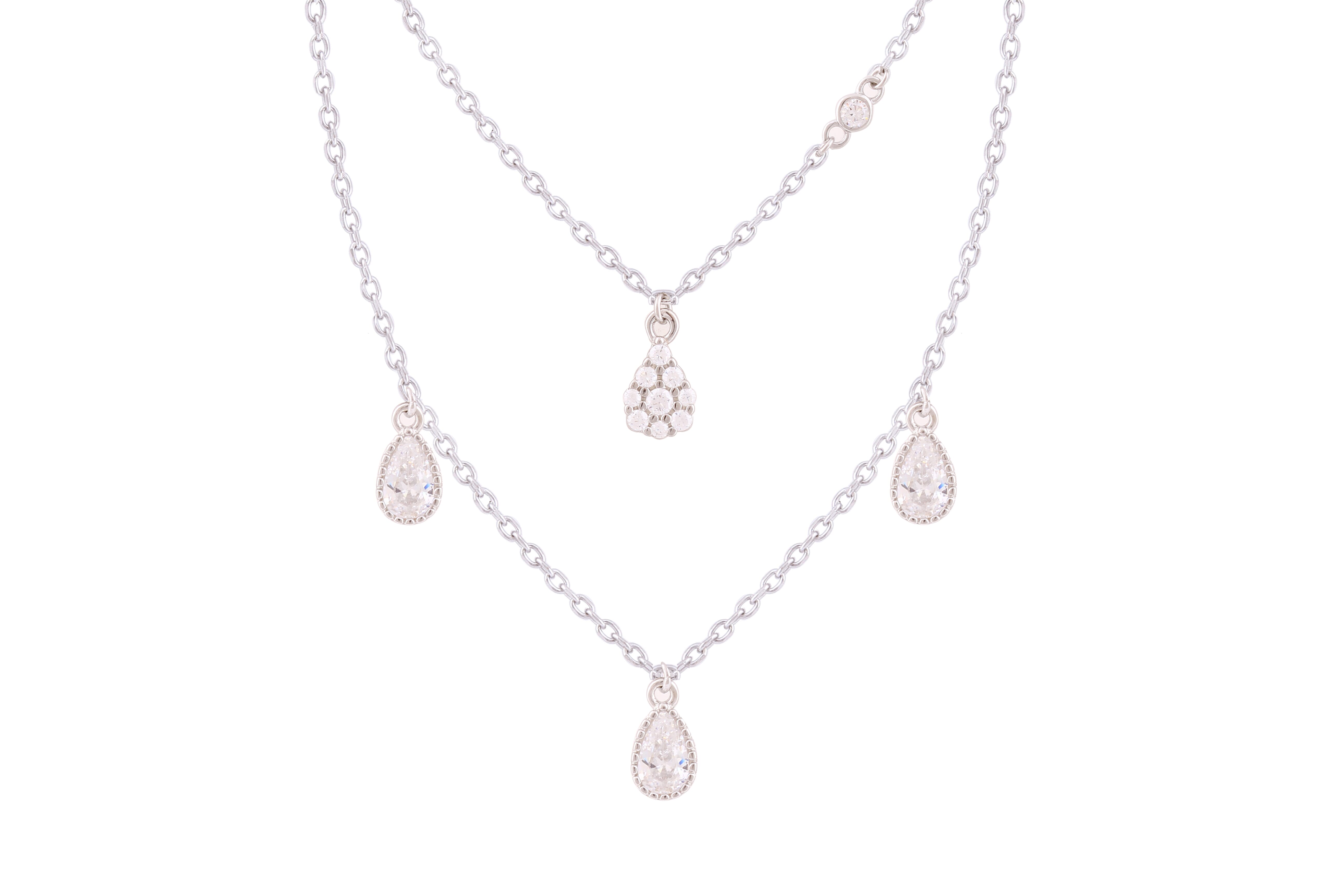 Asfour Crystal Doube Layer Chain Necklace With Pear Design In 925 Sterling Silver-ND0280