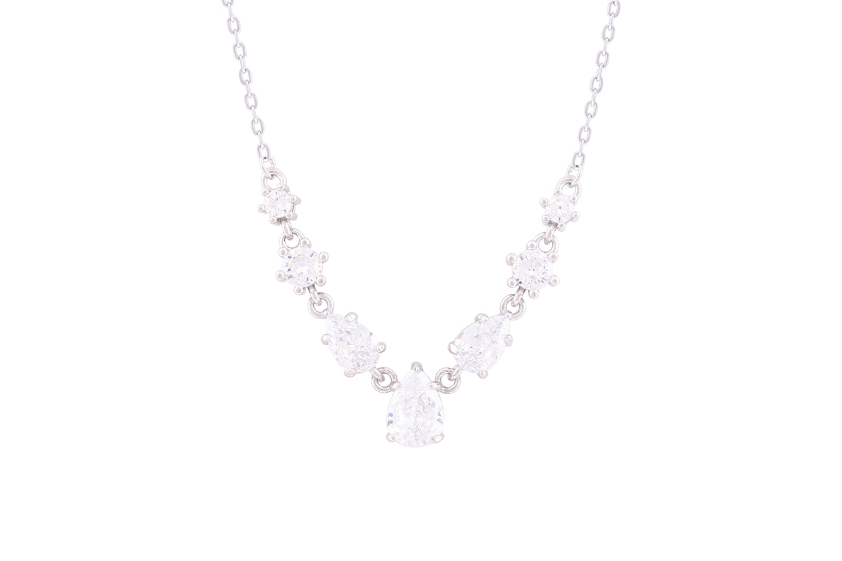 Asfour Crystal Chain Necklace With Pear & Round Zircon Pendant In 925 Sterling Silver-ND0282