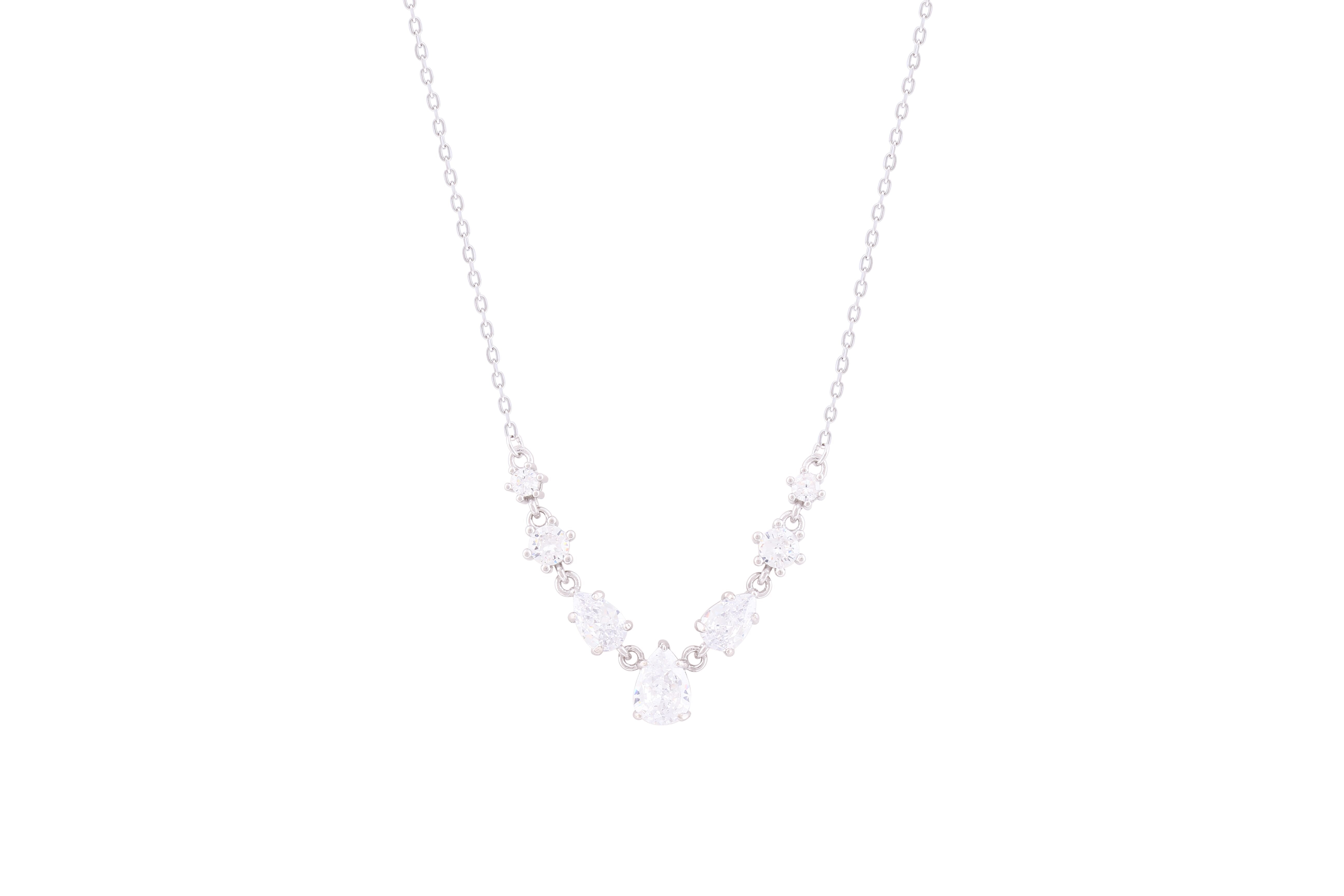 Asfour Crystal Chain Necklace With Pear & Round Zircon Pendant In 925 Sterling Silver-ND0282