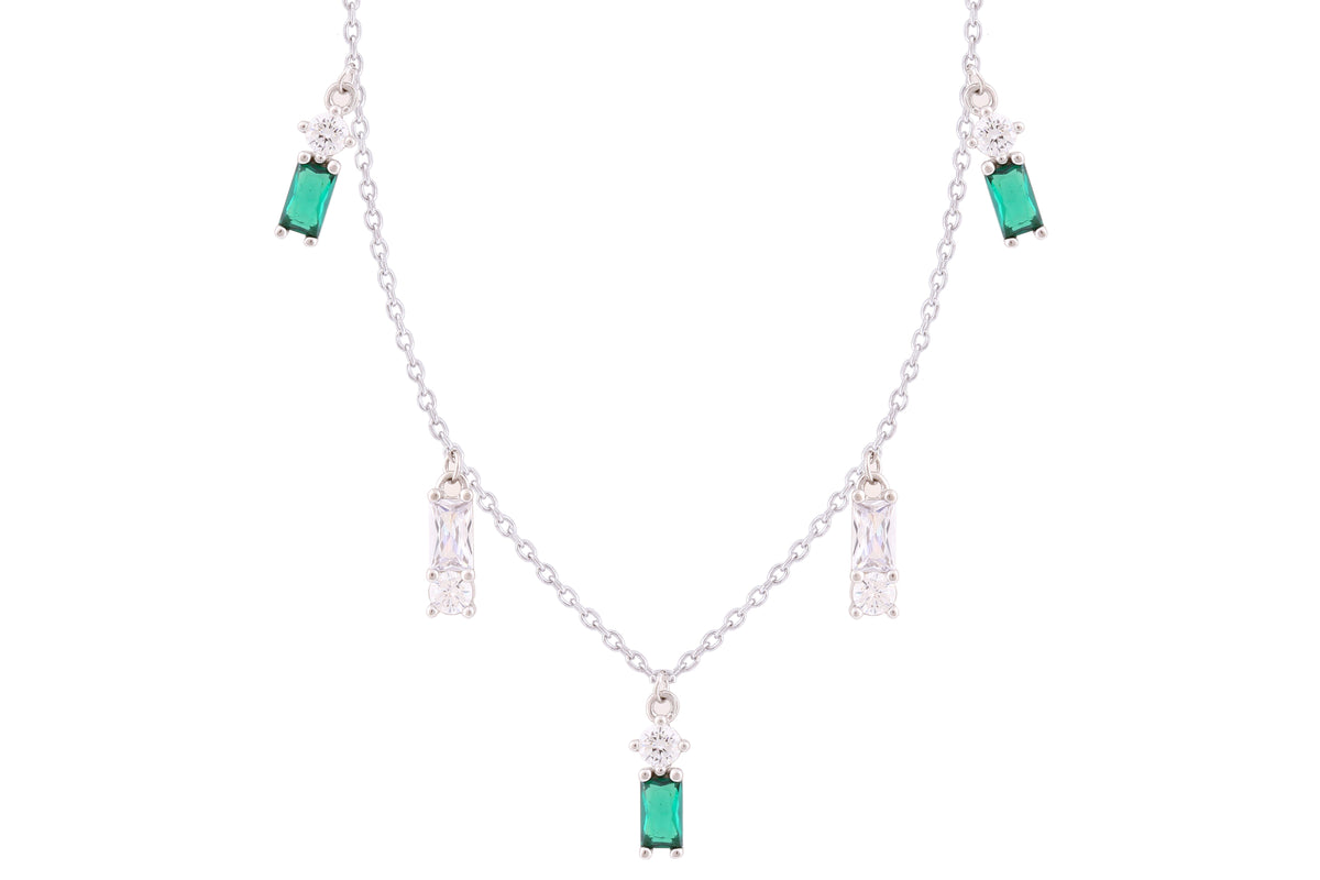 Asfour Crystal Charm Necklace With Clear & Emerald Baguette Zircon In 925 Sterling Silver-ND0285-WG