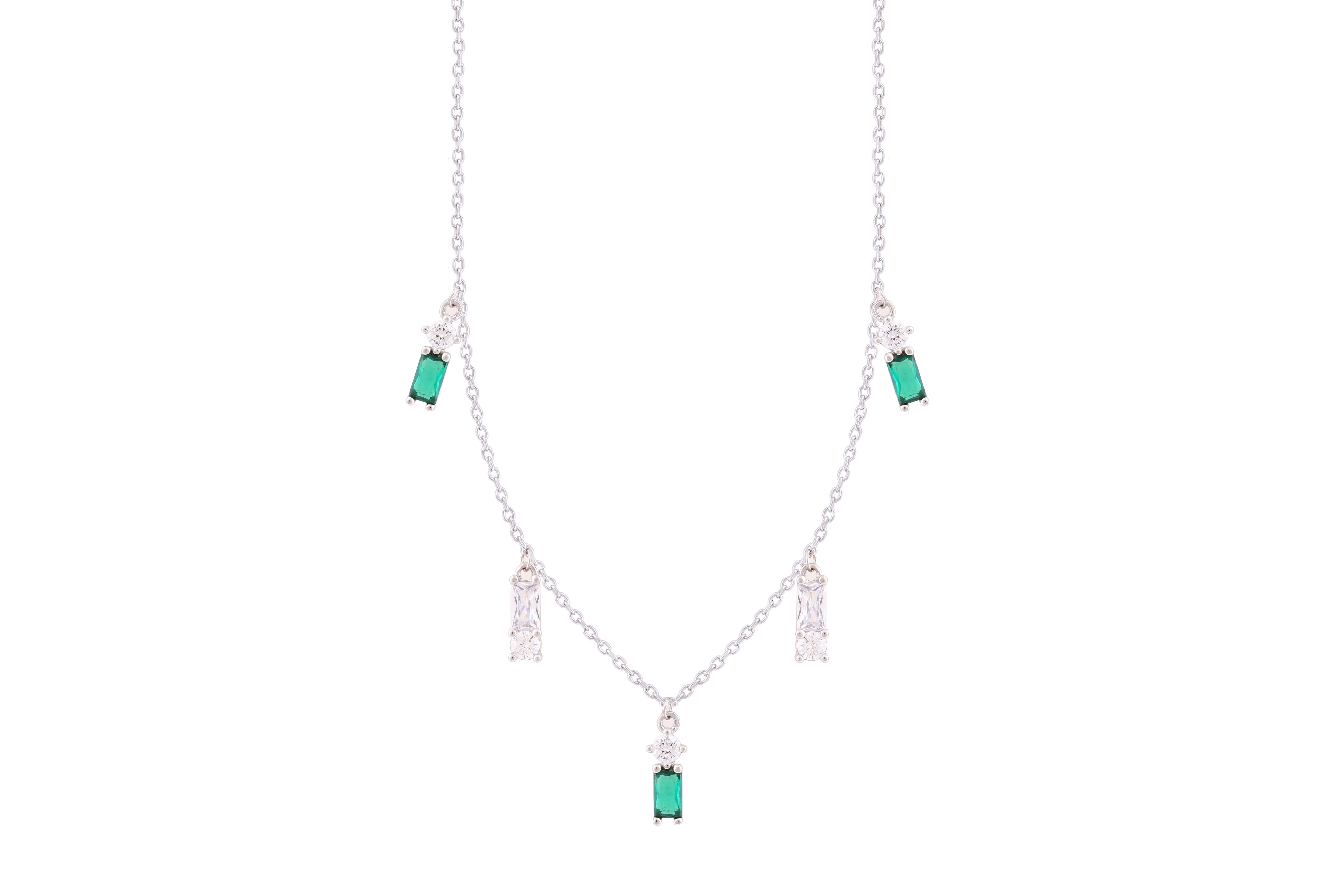 Asfour Crystal Charm Necklace With Clear & Emerald Baguette Zircon In 925 Sterling Silver-ND0285-WG