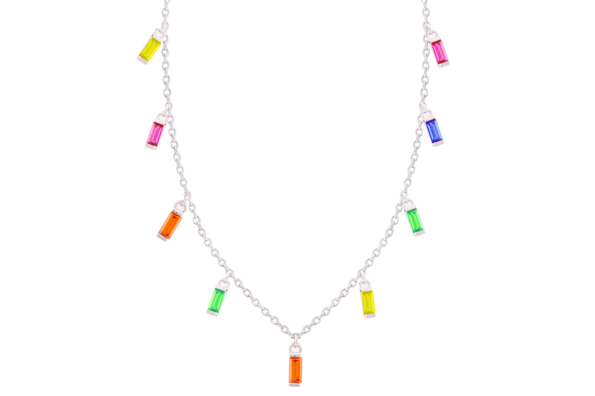 Asfour Crystal Charm Necklace With Multi Color Baguette Zircon In 925 Sterling Silver-ND0286-K