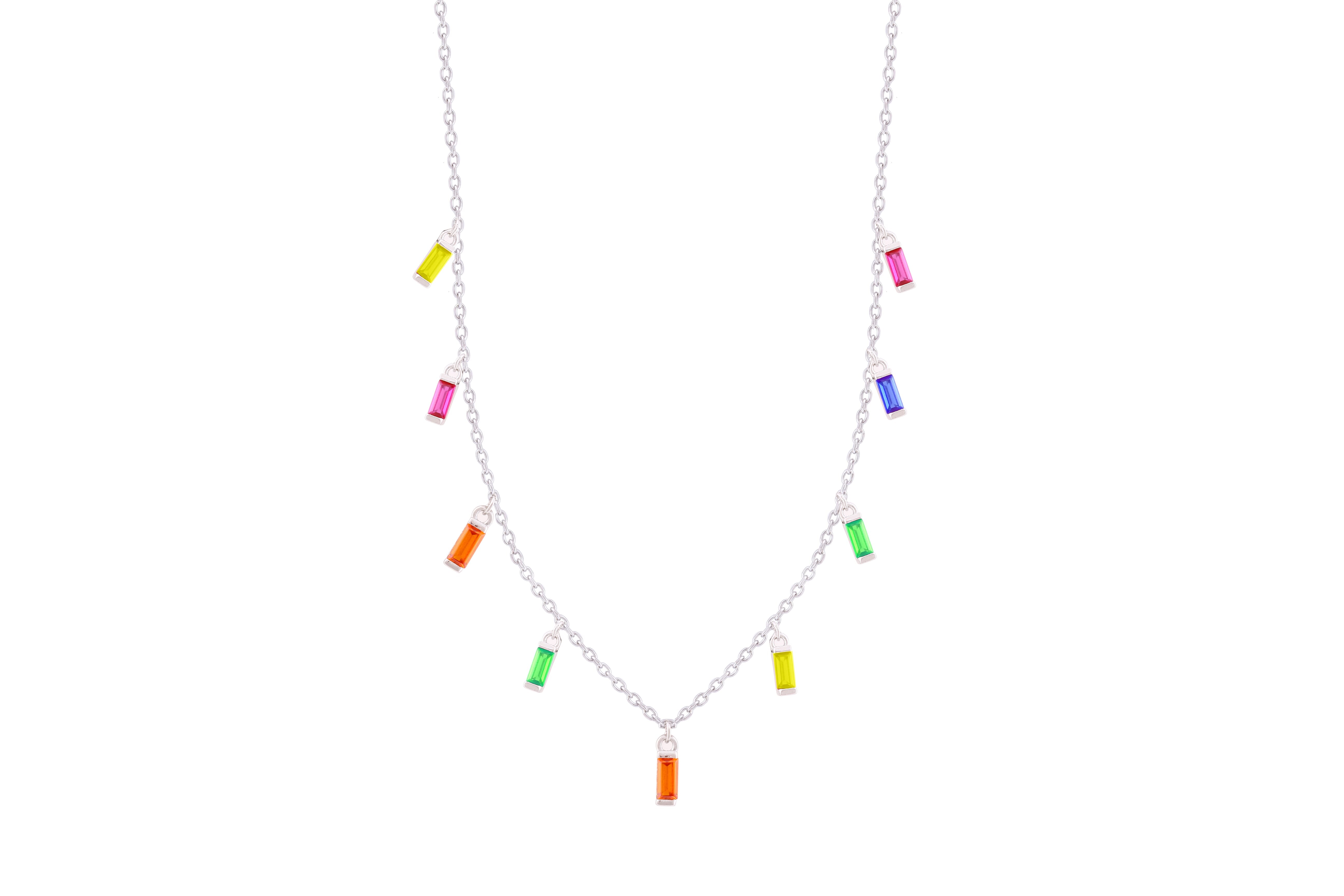 Asfour Crystal Charm Necklace With Multi Color Baguette Zircon In 925 Sterling Silver-ND0286-K