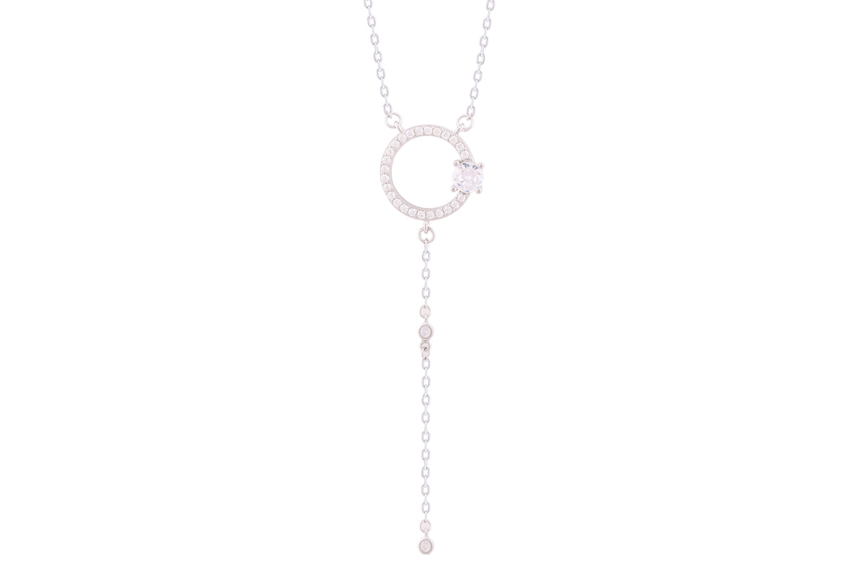 Asfour Crystal Chain Y Necklace With Open Circle Pear Drop In 925 Sterling Silver-ND0288