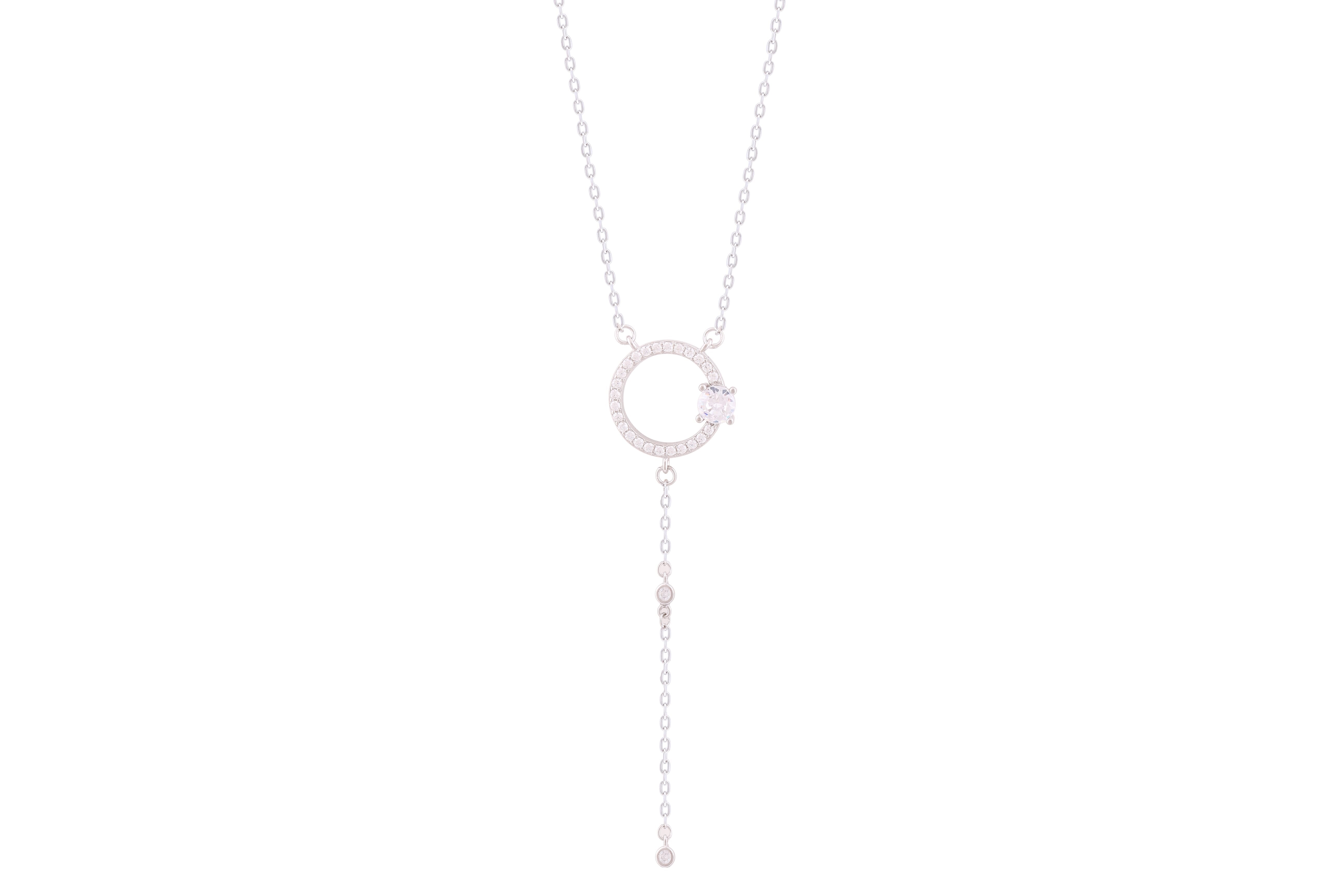 Asfour Crystal Chain Y Necklace With Open Circle Pear Drop In 925 Sterling Silver-ND0288